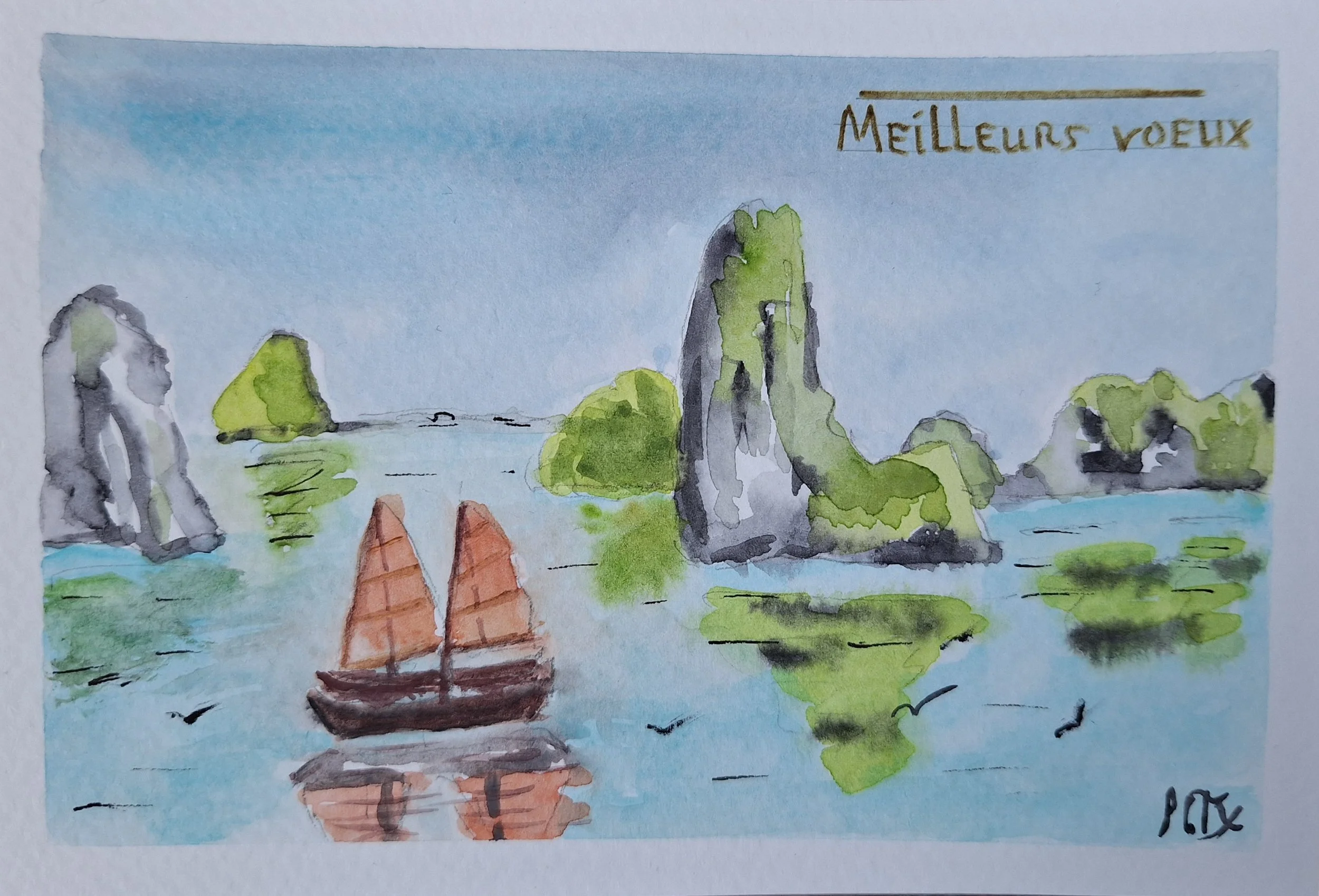 Carte aquarelle – Baie d’Halong et jonque traditionnelle – “Meilleurs vœux”