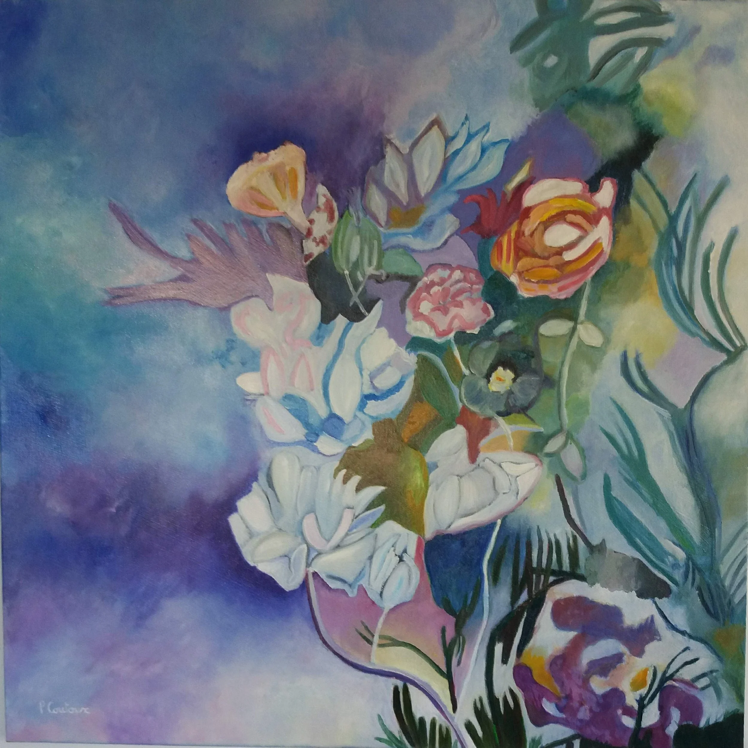 tableau "harmonie du soir huile sur toile 100x100 cm pascale coutoux