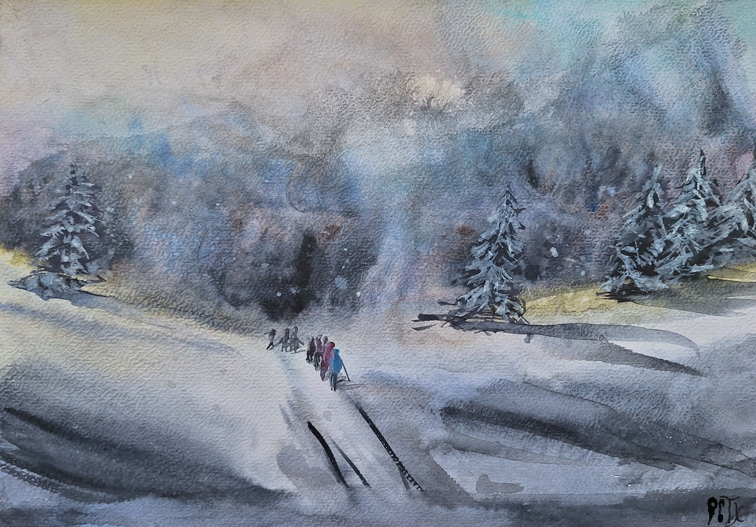 Aquarelle montrant des skieurs avançant sur un chemin enneigé en montagne, avec des sapins givrés et une atmosphère hivernale brumeuse.