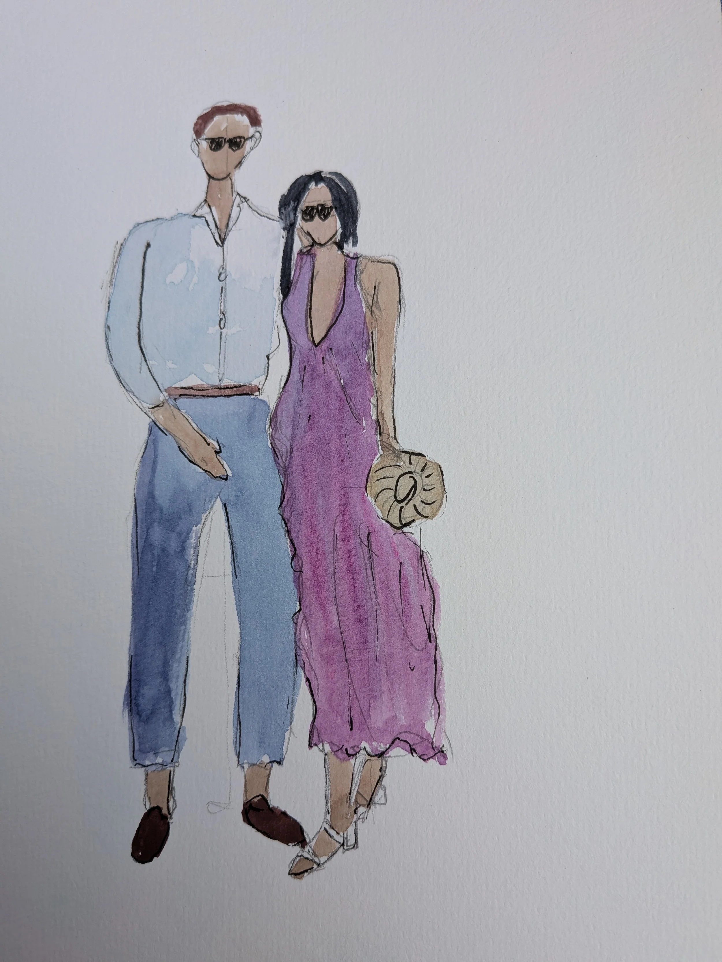 Portrait à l'aquarelle terminé, souvenir personnalisé offert aux invités d'un mariage.