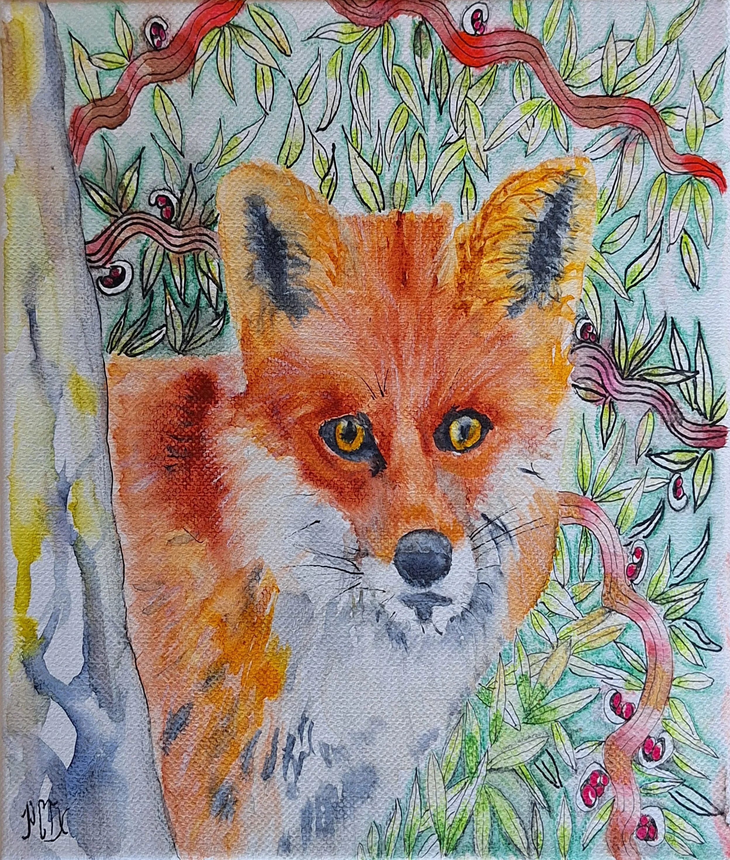 renard roux aquarelle et feutre zentangle pascale coutoux  format 20x20 cm