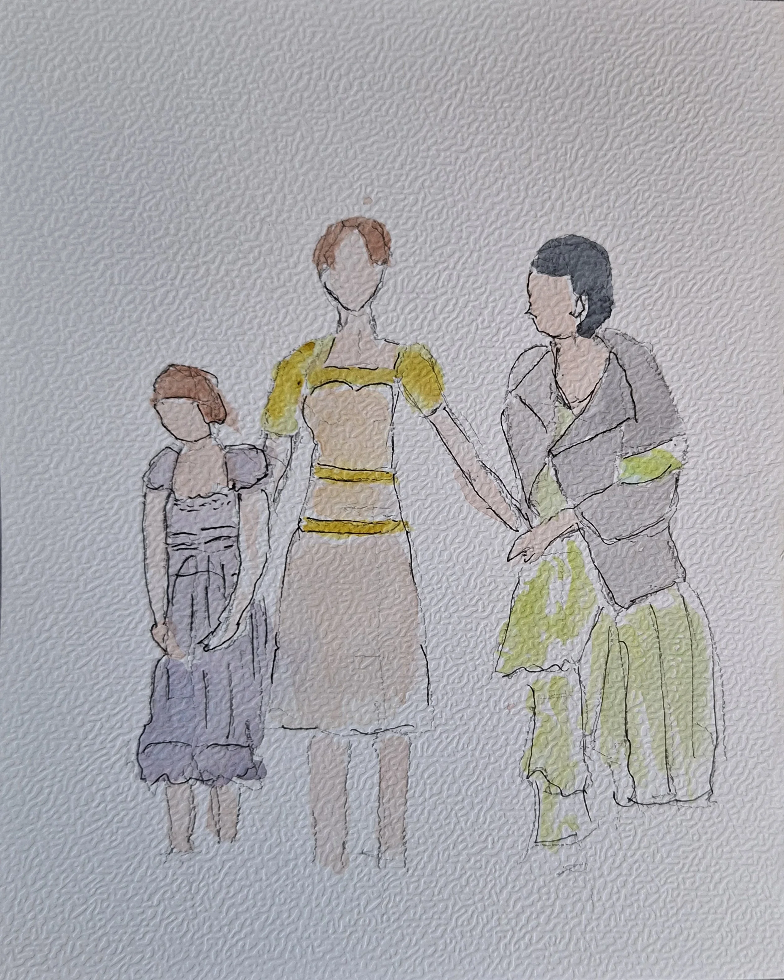 Portrait à l'aquarelle d'une famille réalisé en direct pendant une animation de mariage.