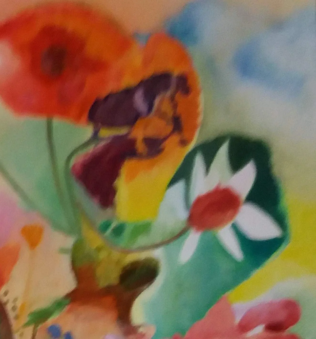 tableau floral-semi abstrait-100x100 cm-fleurs rouges-fleurs de rocaille.JPG