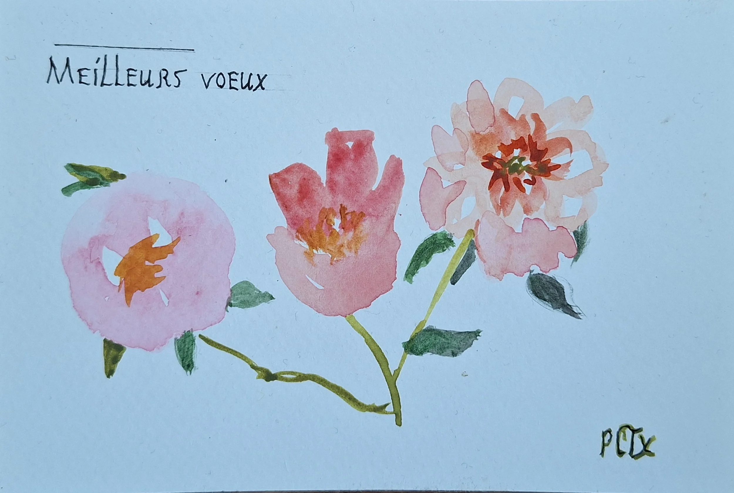 Carte aquarelle unique – Pivoines délicates – “Meilleurs vœux”