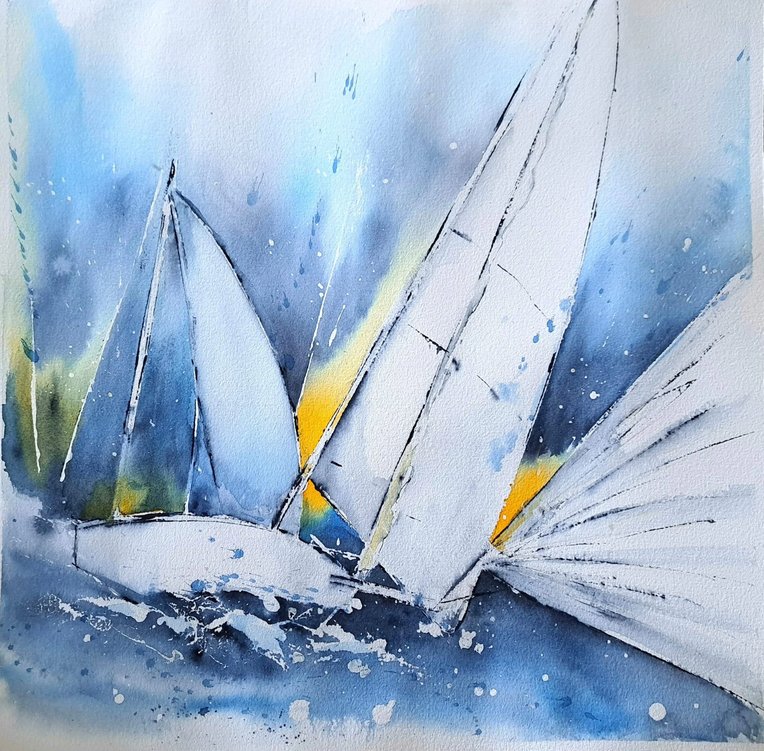 Voiliers dansla tempête aquarelle 40x40 cm pascale coutoux