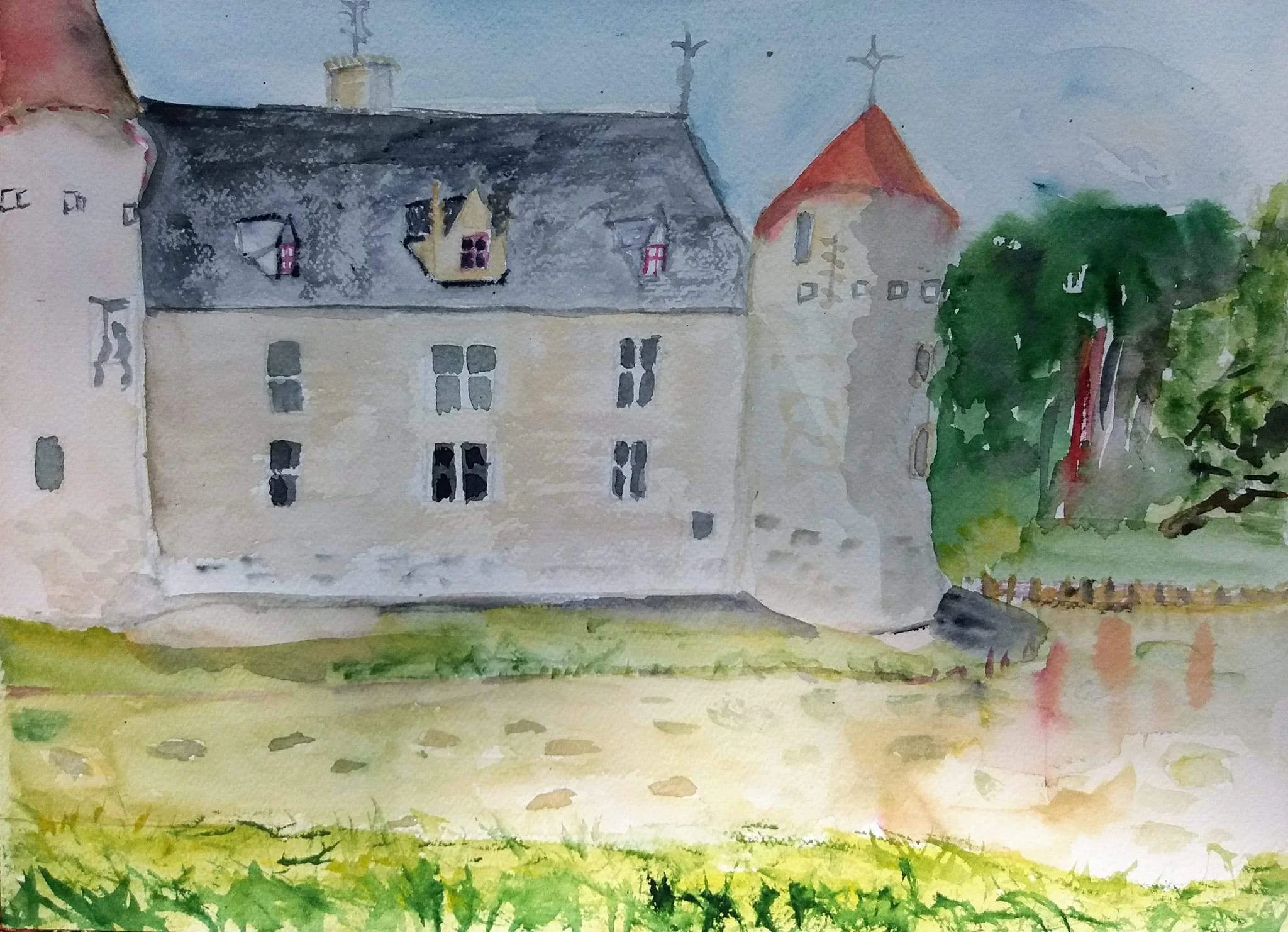 aquarelle chateau  d'ainay le vieil et douves pascale coutoux.JPG