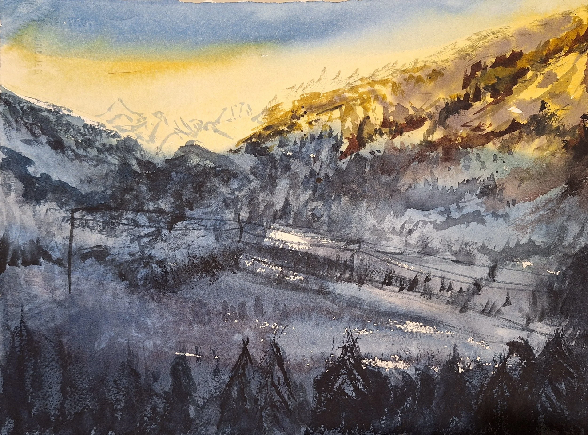 Aquarelle représentant des montagnes au lever du soleil, avec des crêtes dorées, une vallée bleutée et une atmosphère brumeuse et paisible.