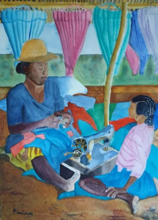 aquarelle d'un marché à madagascar avec une couturière pascale coutoux