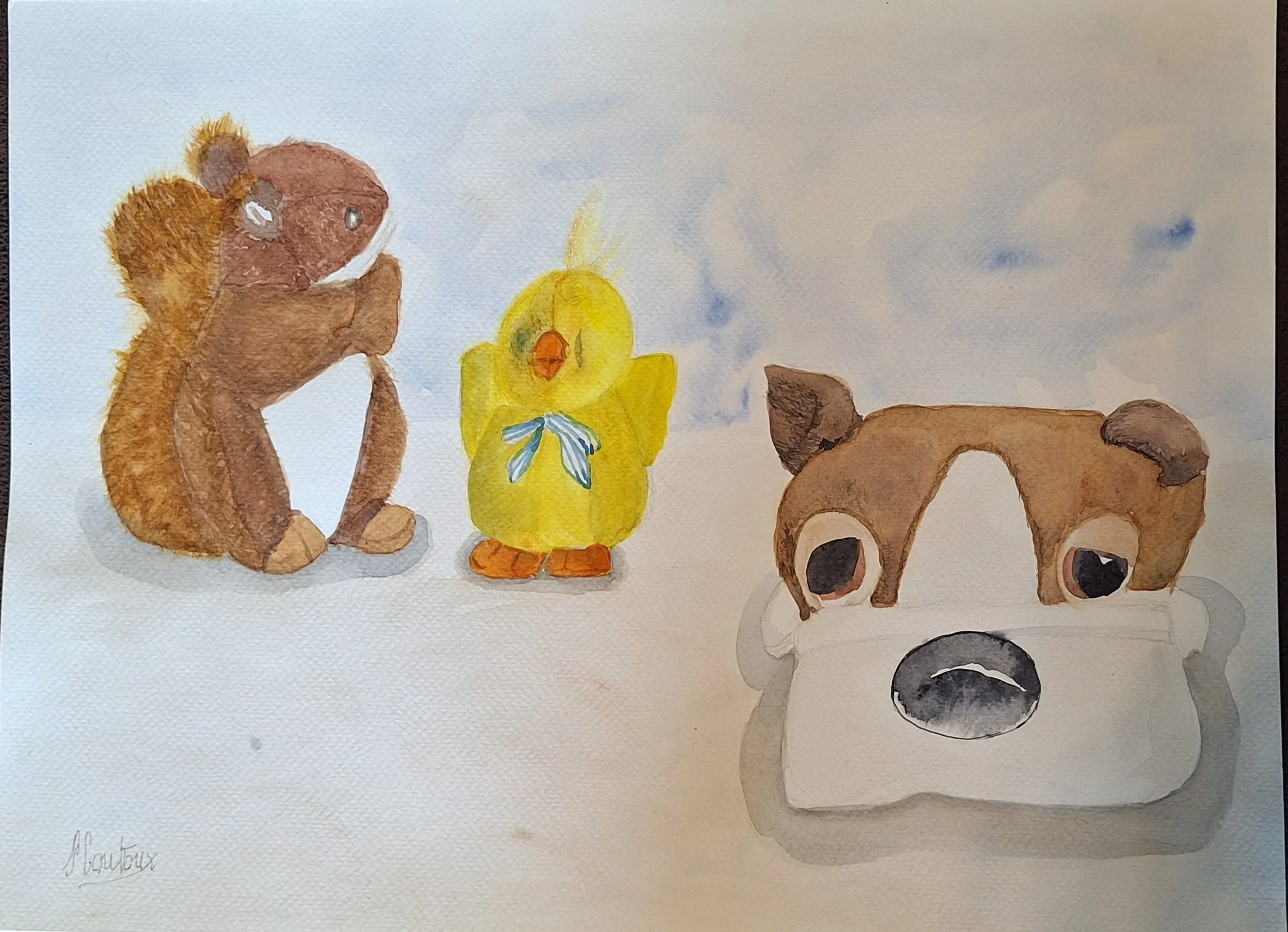 Aquarelle représentant trois doudous d’enfance usés — un ours, un poussin jaune et un chien — dans une composition minimaliste et poétique évoquant la mémoire et la nostalgie.