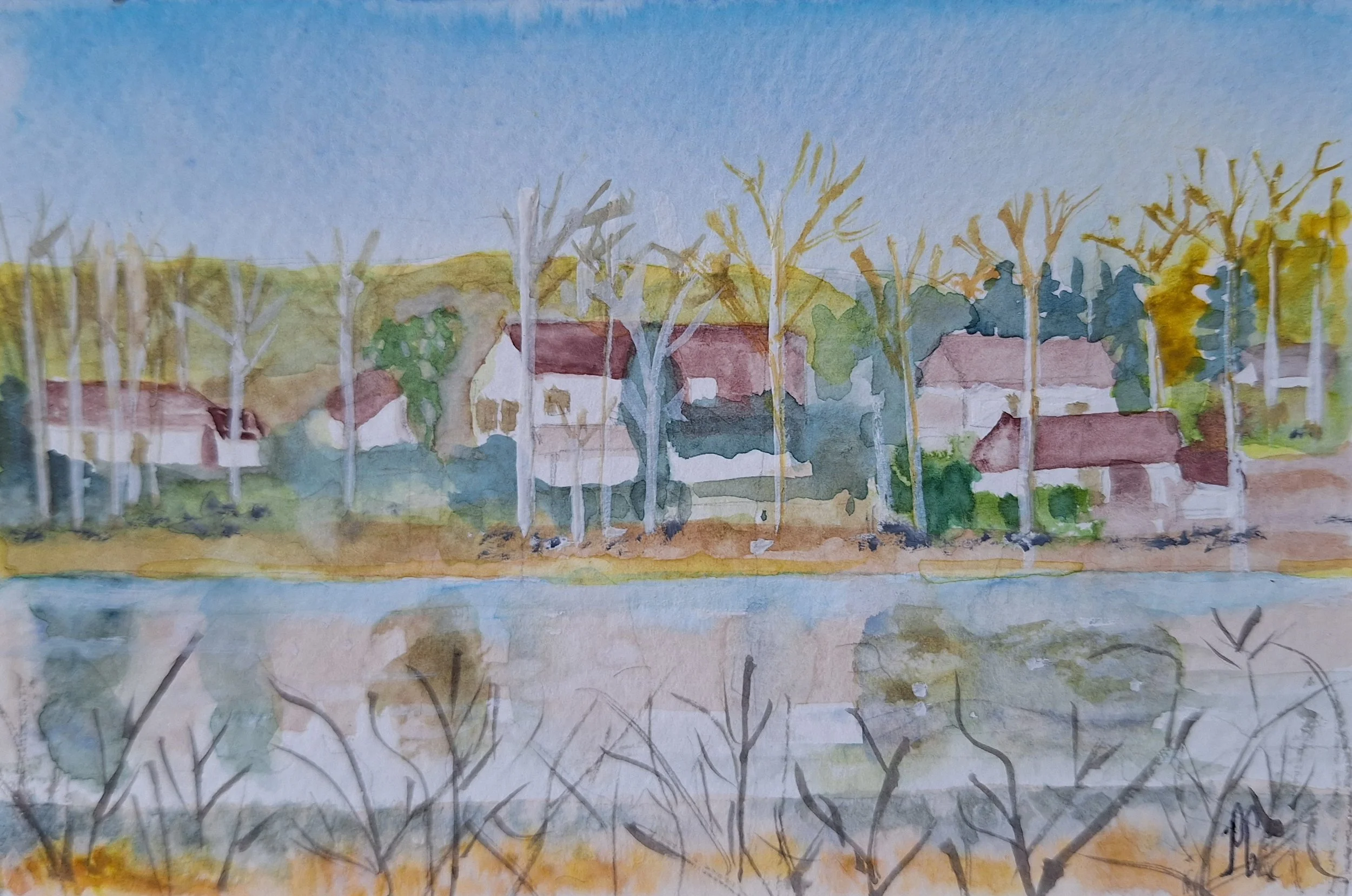 Carte aquarelle maisons sur la rive_ Baie de la Faye_ Morvan