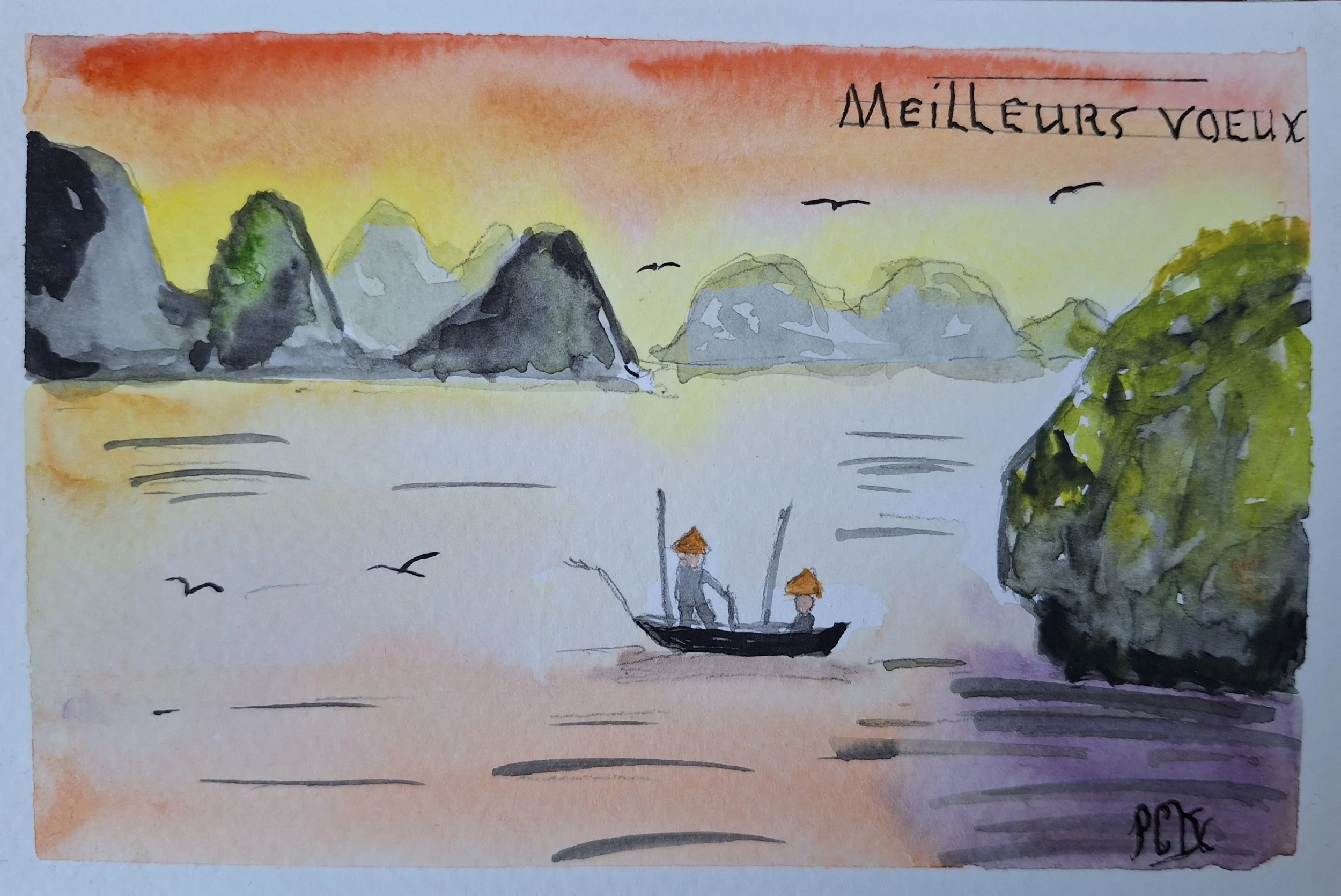 Carte aquarelle unique – Baie d’Halong au coucher du soleil – “Meilleurs vœux”
