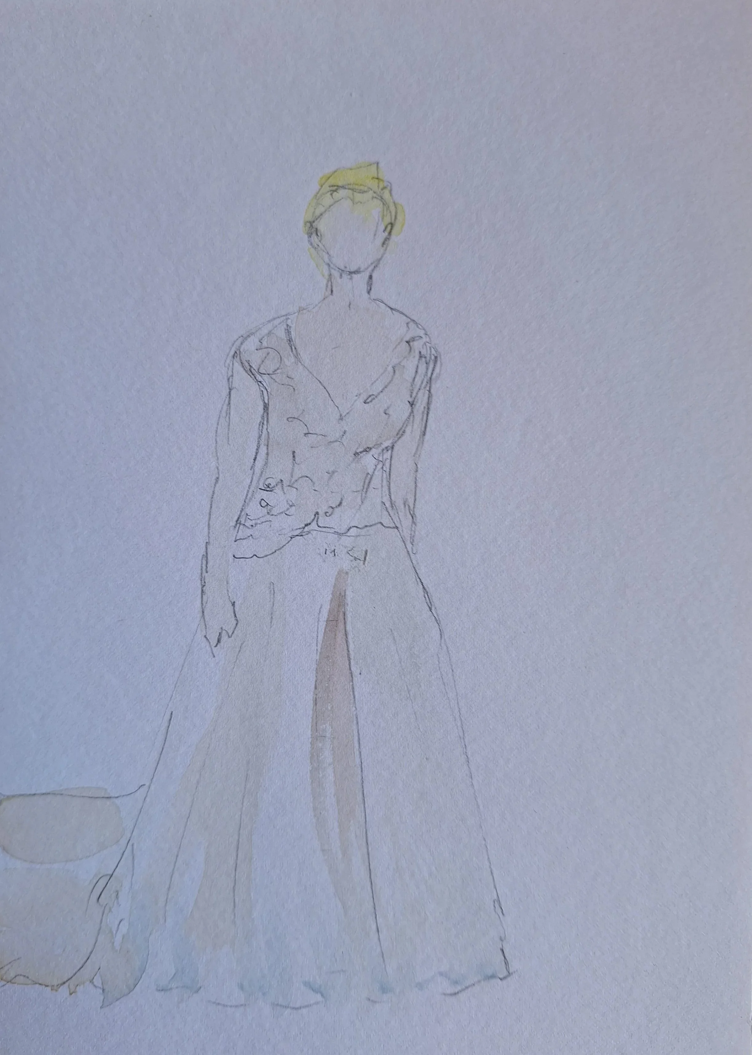 croquis aquarellé d'une mariée blonde robe  longue décolleté en v