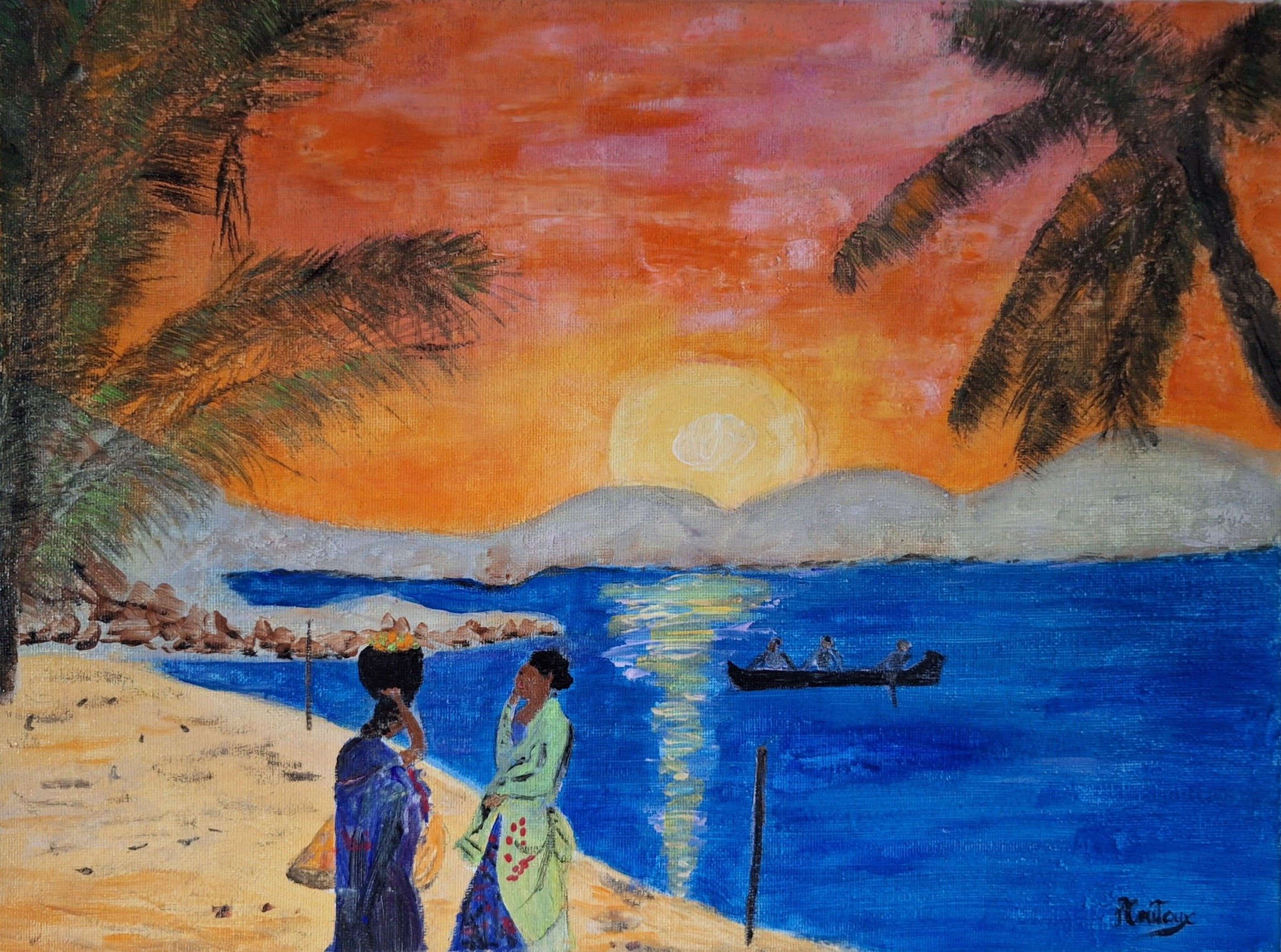 bavardages à la plage au soleil couchant aquarelle pcoutoux.jpg