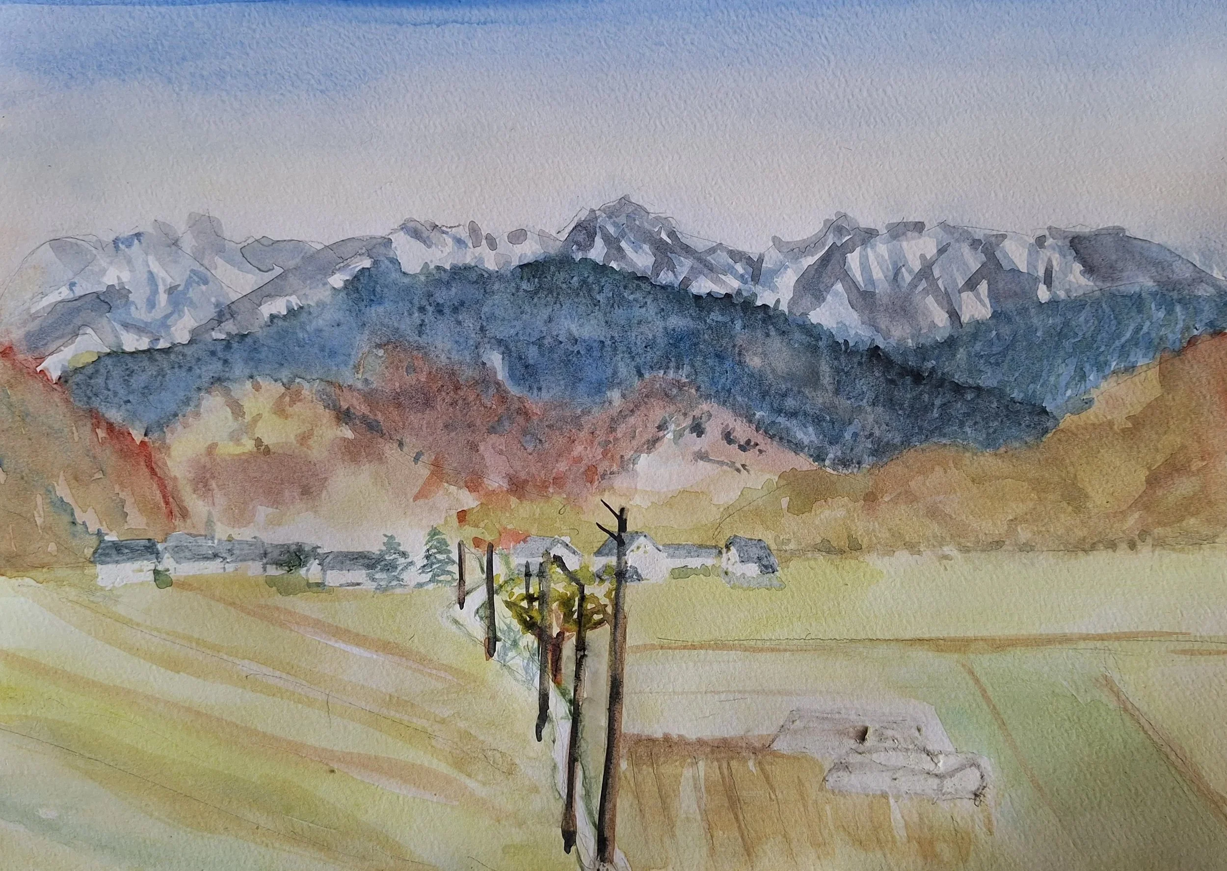 Hiver à Asté – Village des Pyrénées au pied du Pic du Midi aquarelle 20x30 cm port inclus