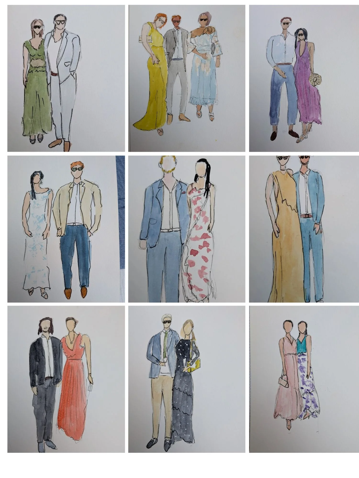 Collection de portraits à l'aquarelle réalisés en direct lors d'un mariage, cadeaux personnalisés pour les invités.