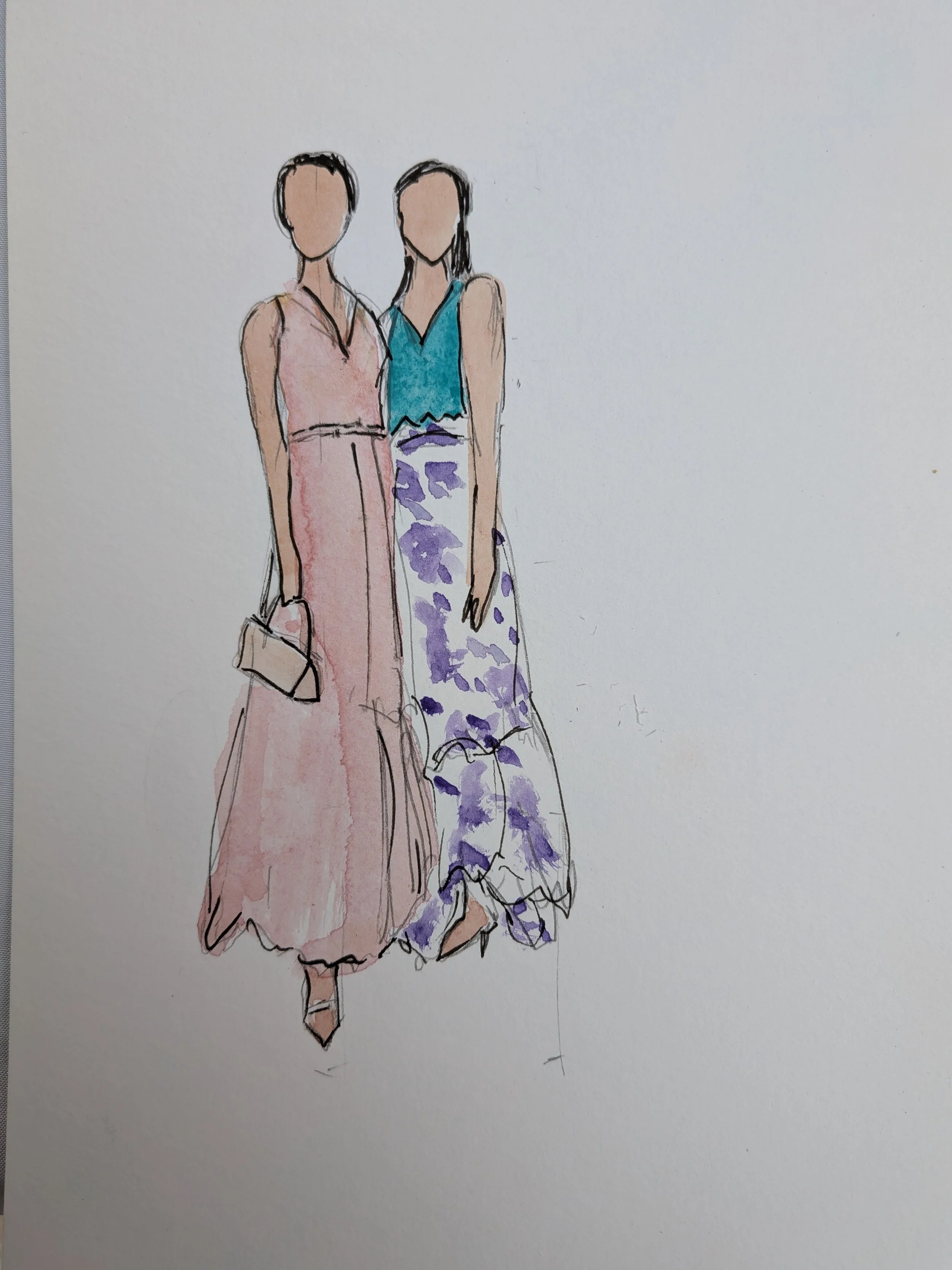 Deux amies immortalisées dans un croquis à l'aquarelle réalisé en live painting pendant un mariage.