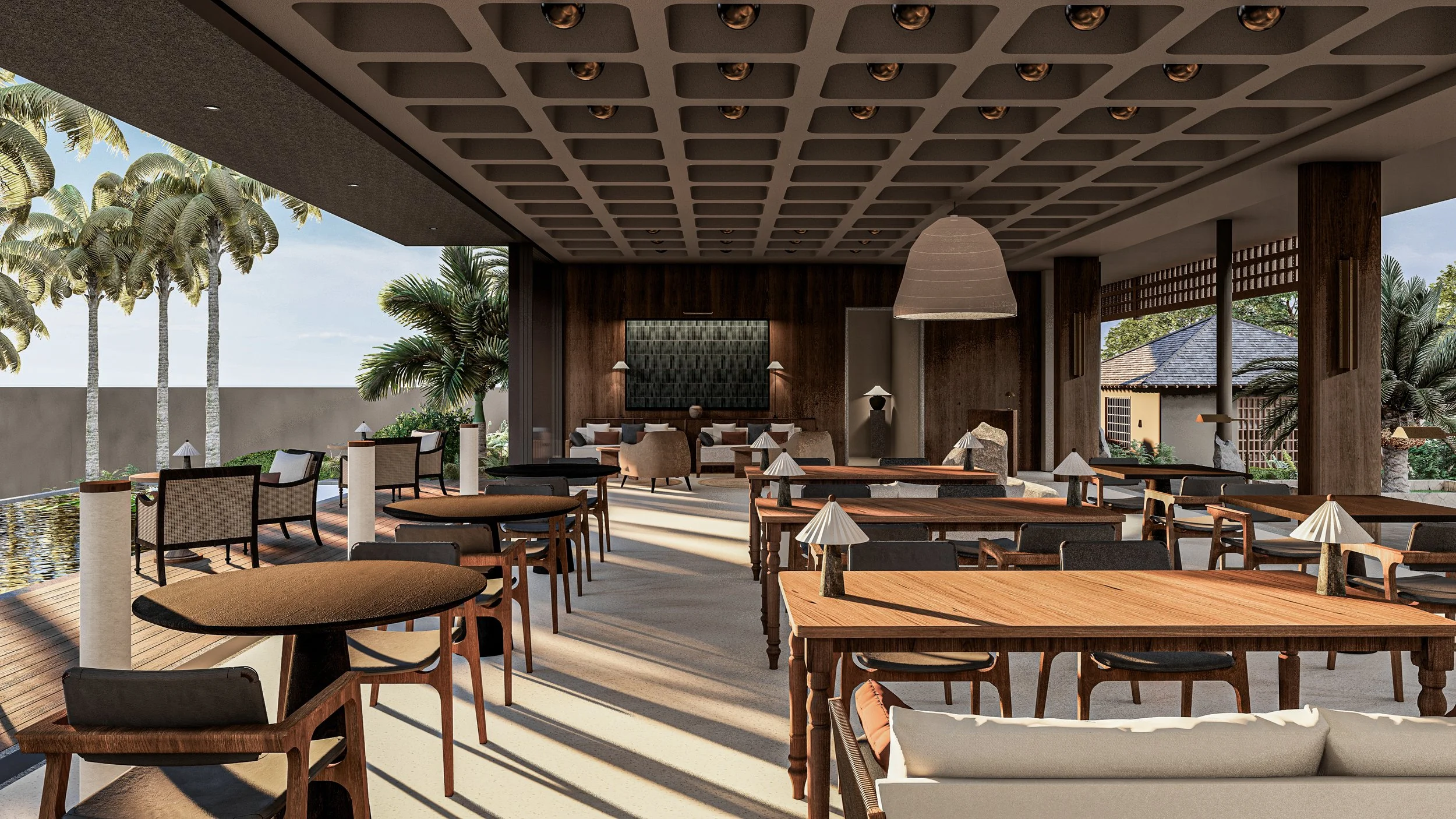 An elegant, open-air restaurant or lounge area with wooden furniture, chairs, and tables. Palm trees and tropical plants are visible outside, with a roofed ceiling featuring a grid-like pattern and lighting fixtures.