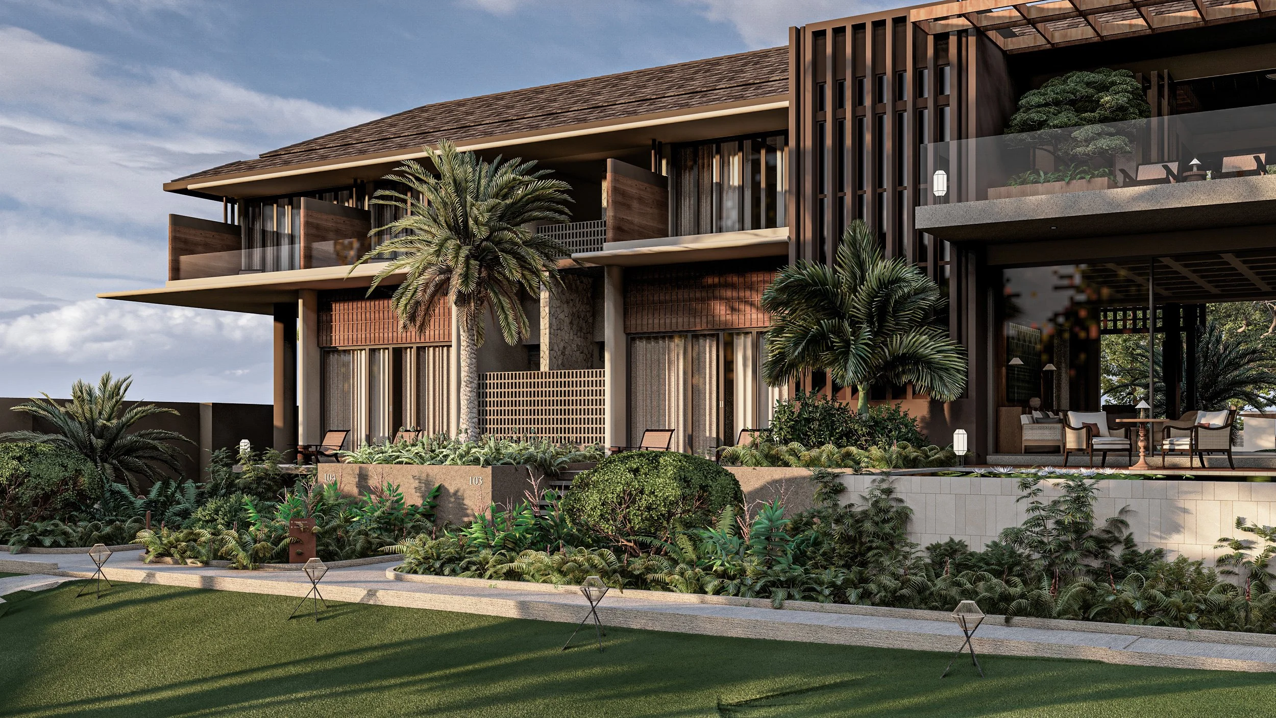 Modern multi-story house with wooden accents, glass railings, and a lush landscaped garden featuring palm trees and various plants.