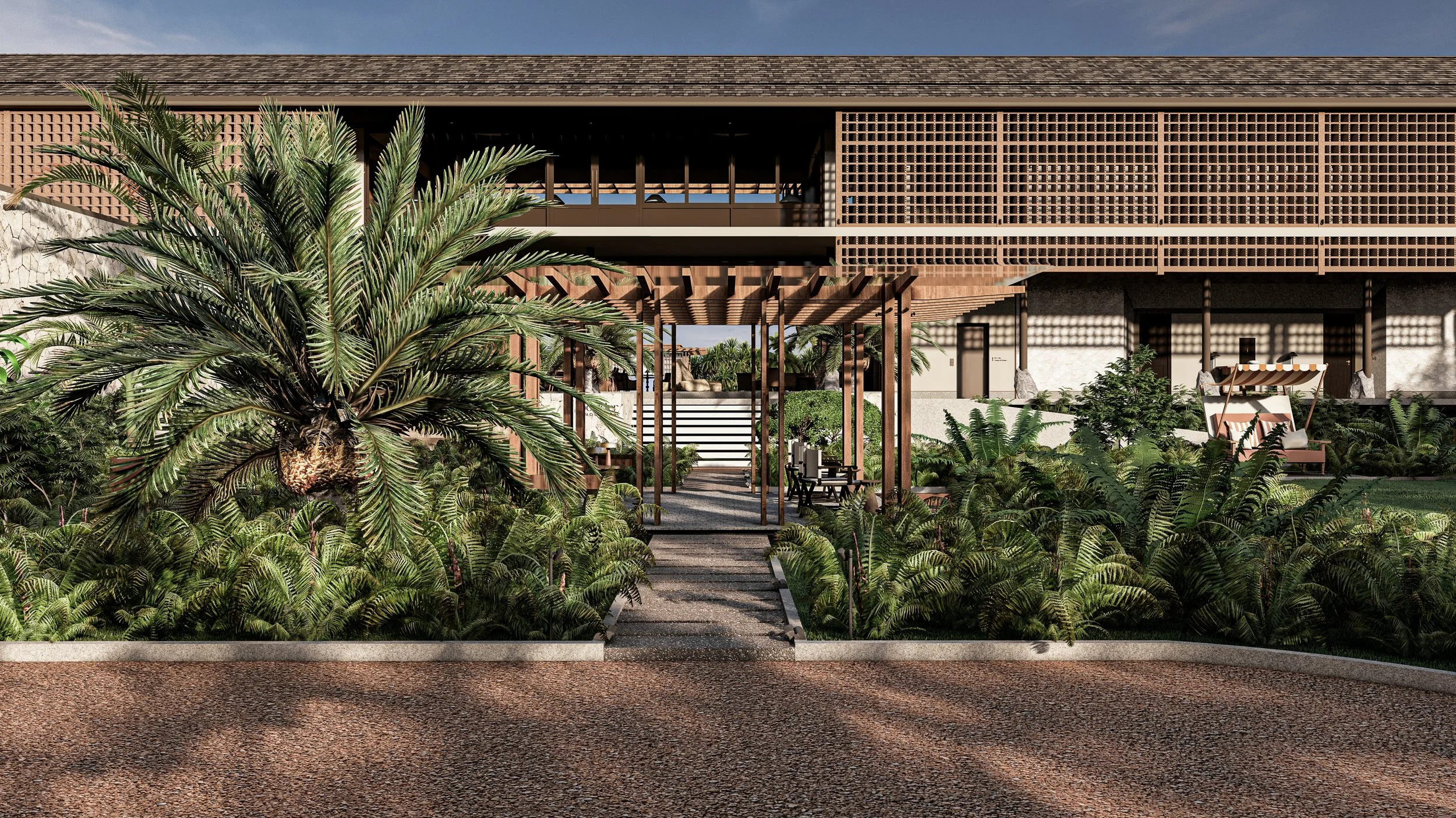 Modern building with wooden lattice facade and lush tropical landscaping, including a large palm, garden, and outdoor seating area.