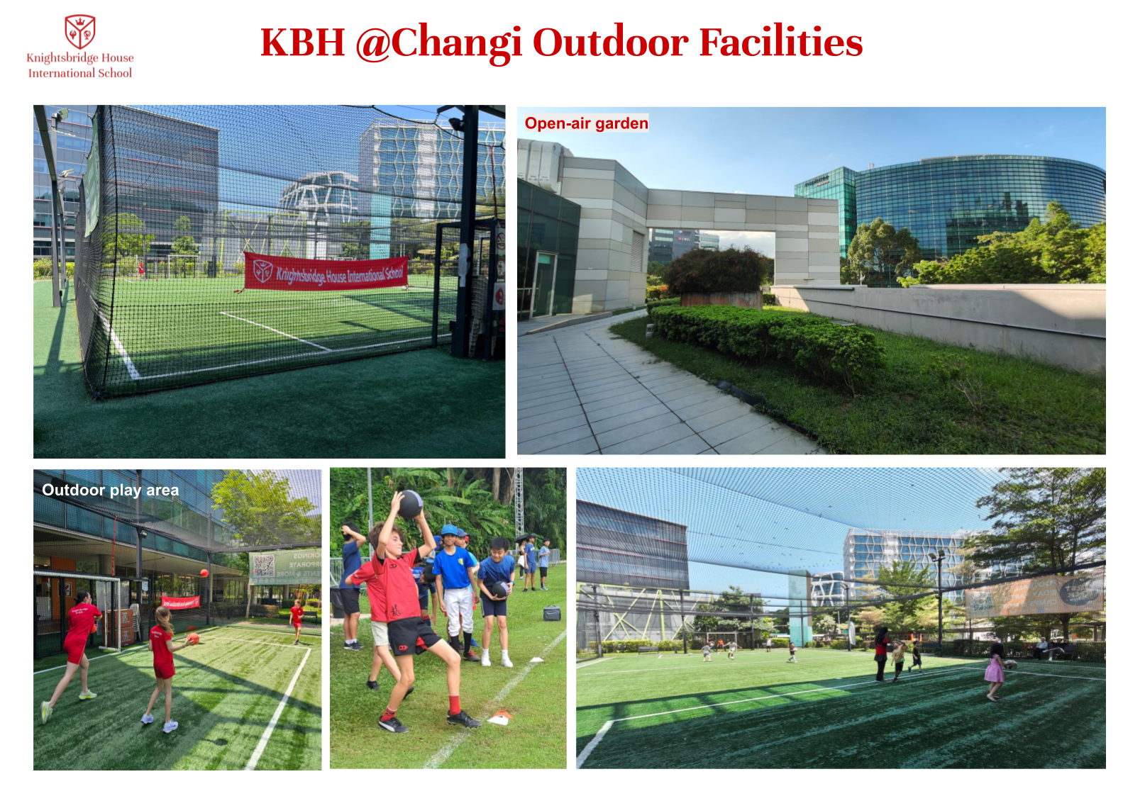 kbh changi outdoor facilities showing futsal court, open air garden, foreign students throwing balls playing soccer near DBS changi business park