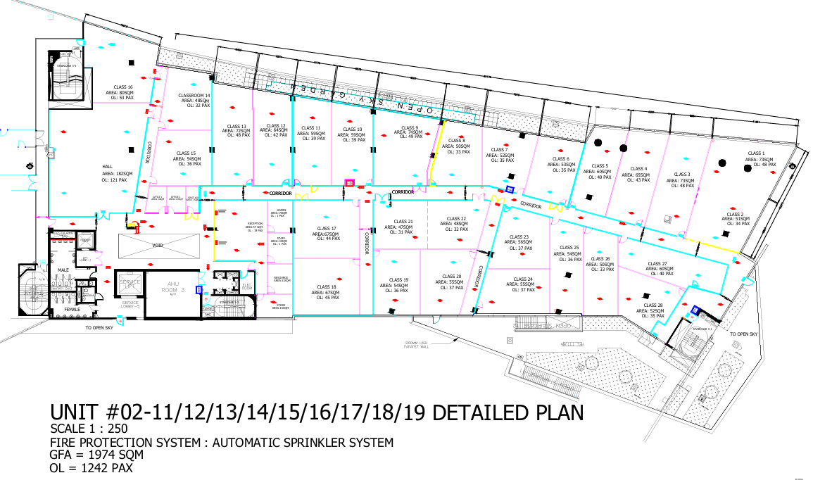 a layout plan of knightsbridge house changi campus showing area, size, capacity, lift landing and staircases at plaza8 changi business park
