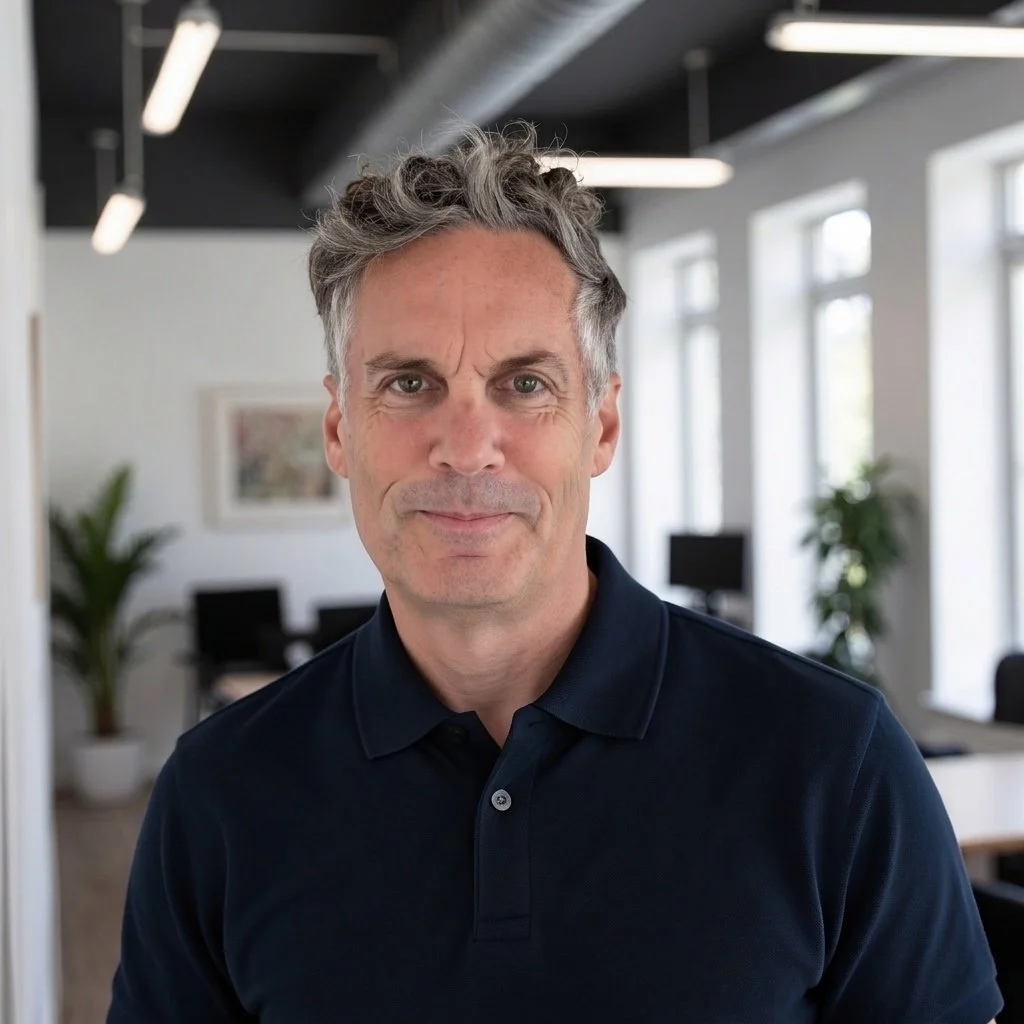 Portrait of a middle-aged man with gray hair and green eyes, wearing a dark polo shirt, standing in a modern office with large windows, plants, and office furniture in the background.