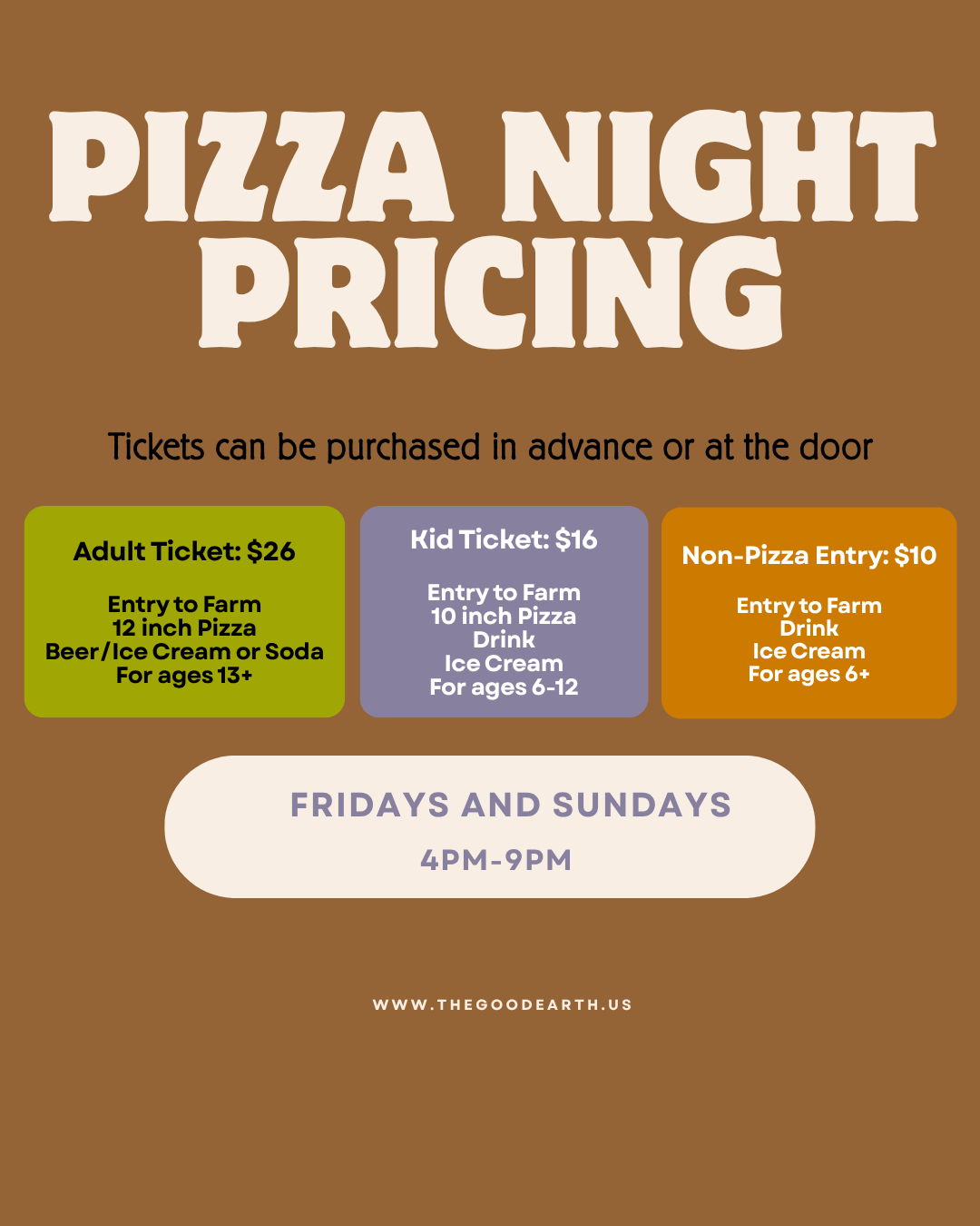 Pizza night pricing sign with ticket prices for adults, kids, and non-pizza entry, listing details and hours of operation.
