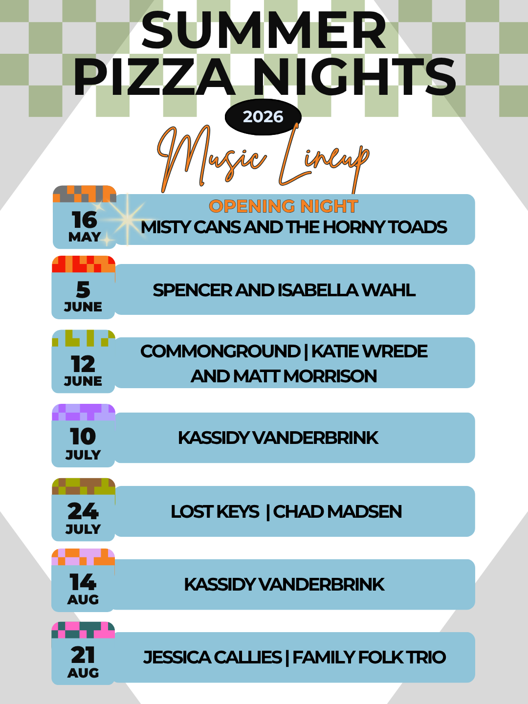 A poster for Summer Pizza Nights 2026 music lineup, listing concert dates and performers from May to August, with colorful geometric accents and bold text.
