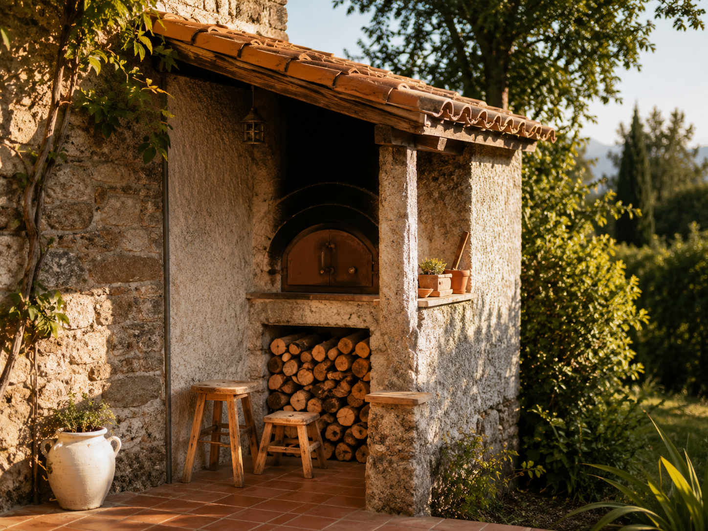 Wood-fired pizza oven at I Ginepri Country House in Tuscany