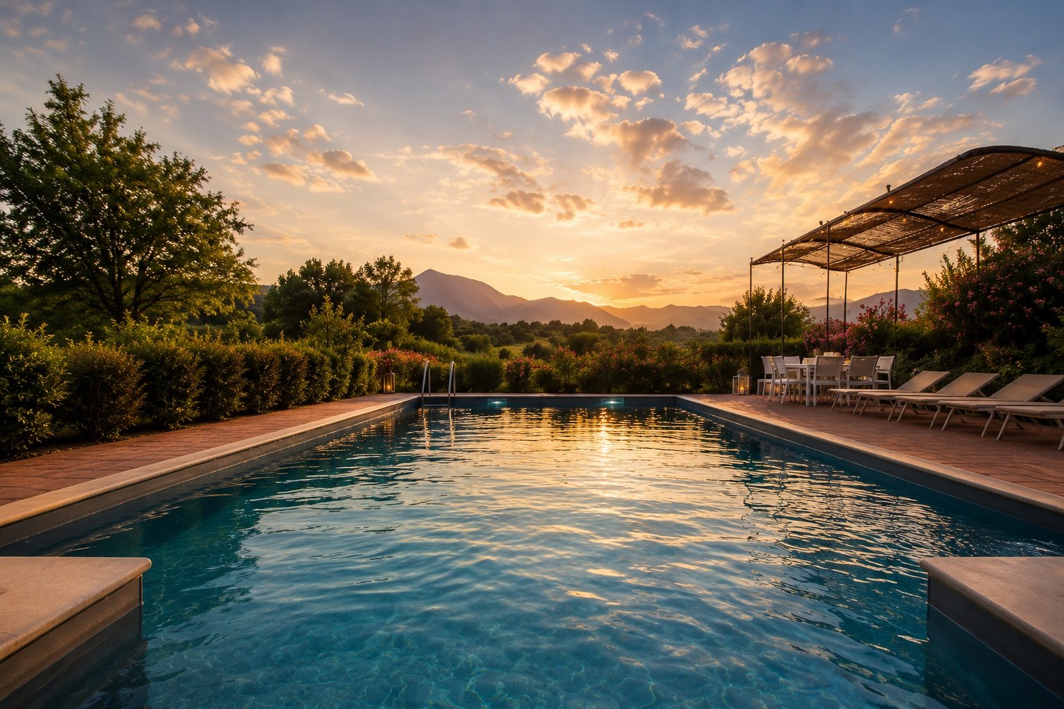 I Ginepri Country House with private pool at sunset in Tuscany