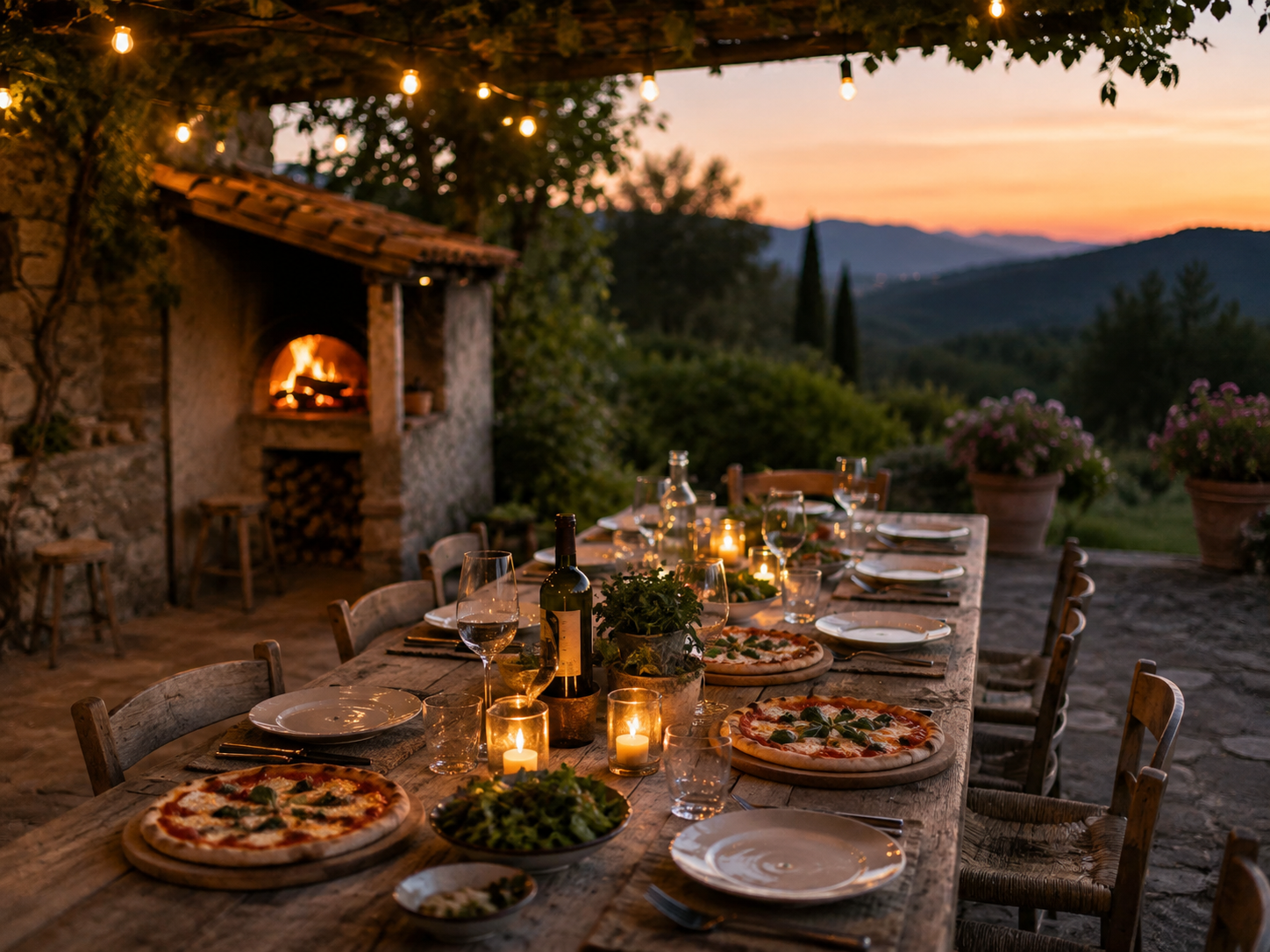 Outdoor pizza night by the wood-fired oven at I Ginepri Country House in Tuscany