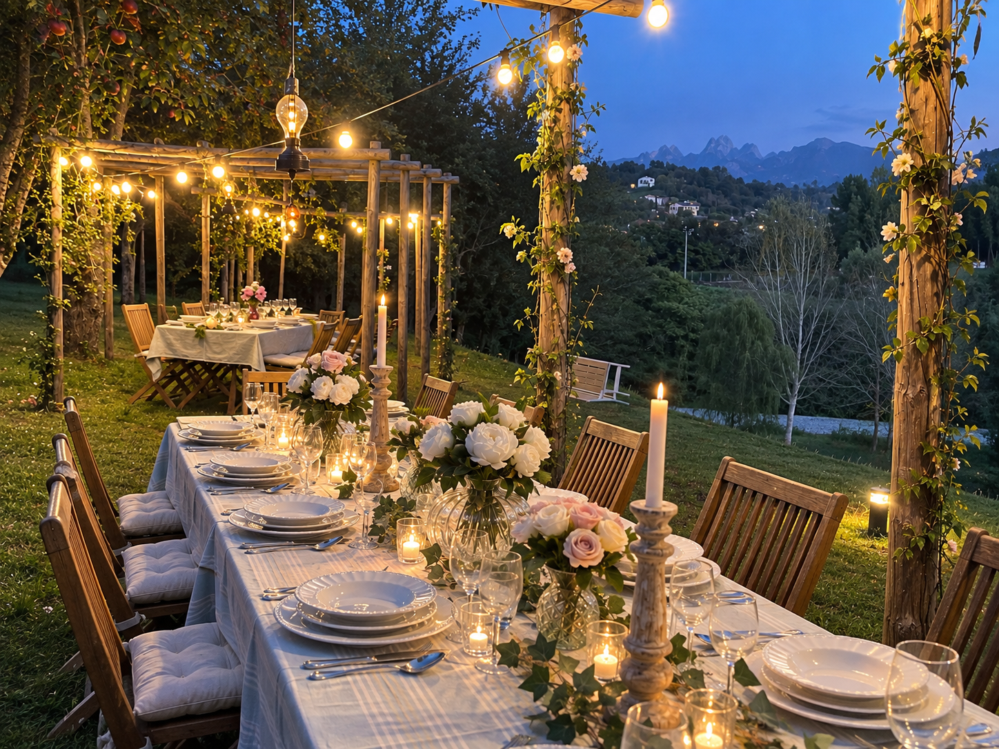 Outdoor dining at I Ginepri Country House at sunset, overlooking the Apuan Alps in Lunigiana, Tuscany.