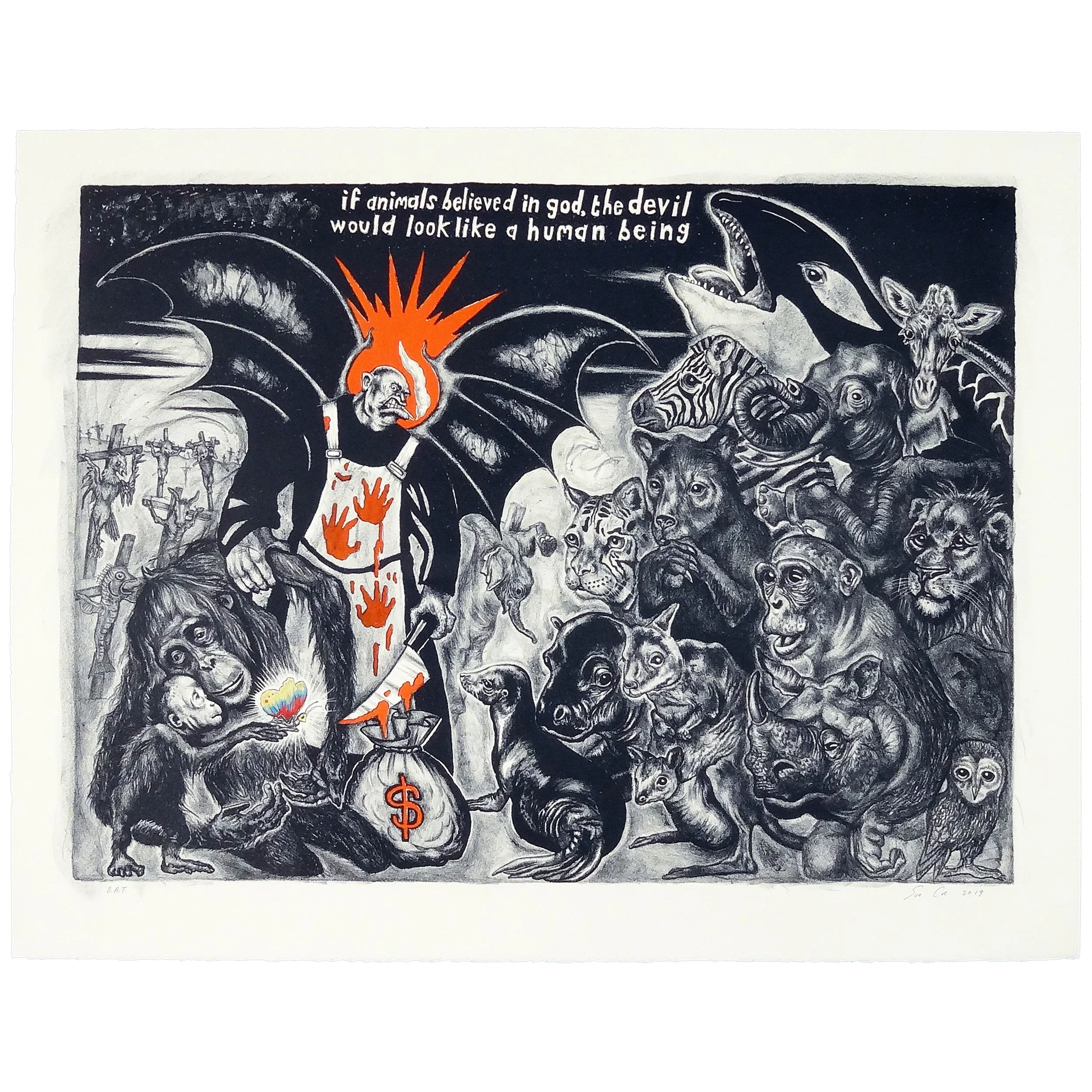 Sue Coe lithograph, If Animals Believed in God