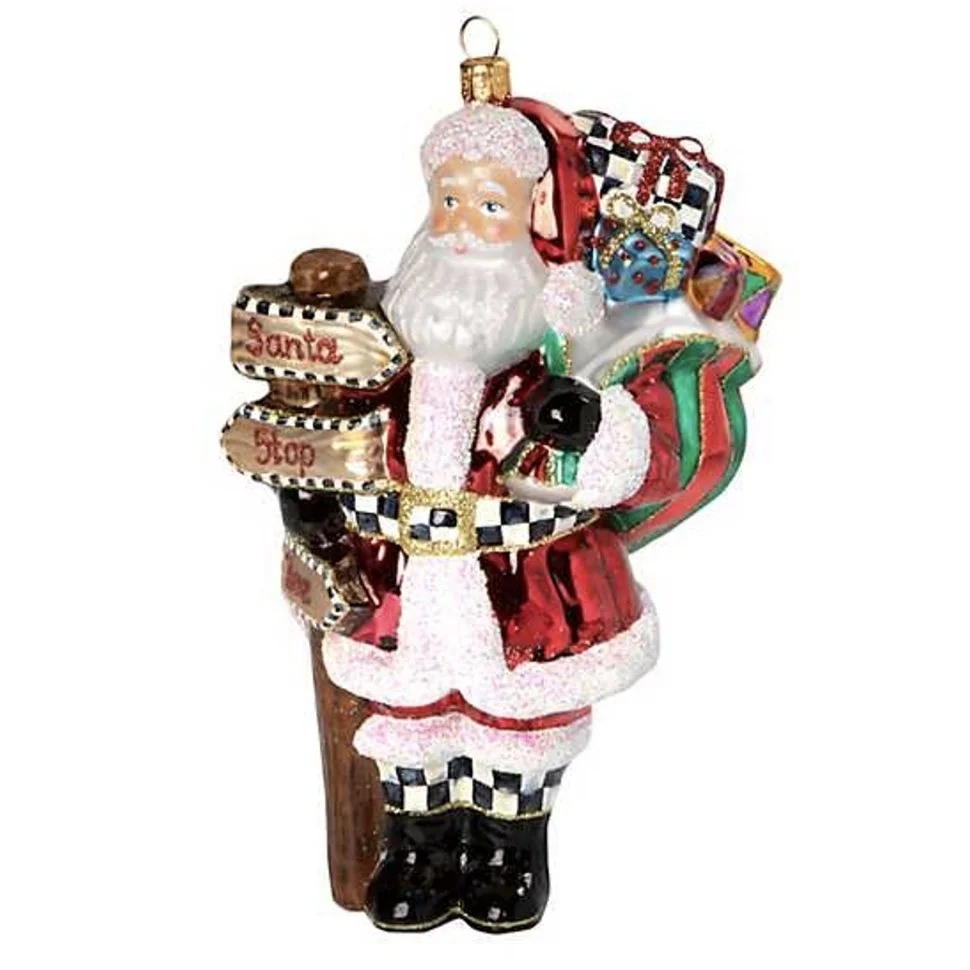 MacKenzie-Childs Santa Stop Here Glass Ornament