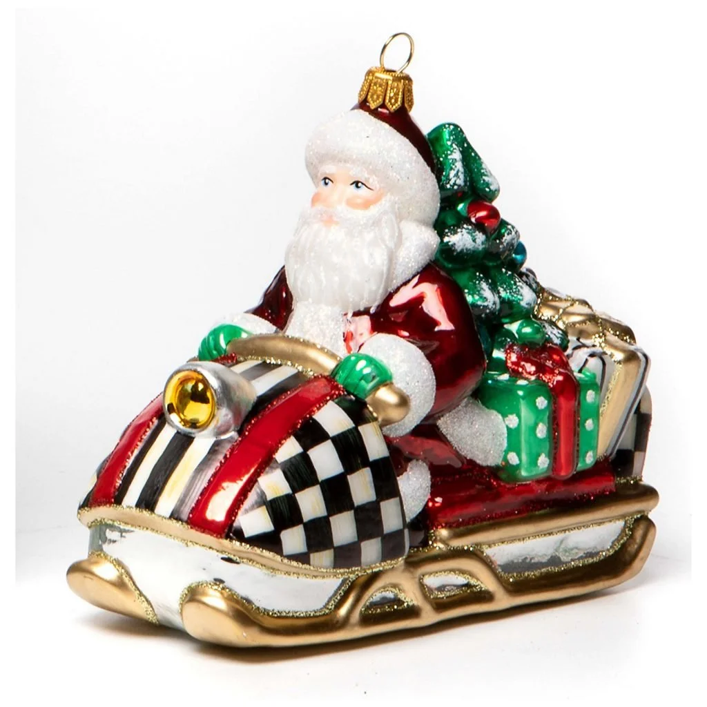 MacKenzie-Childs Snowmobile Santa Glass Ornament