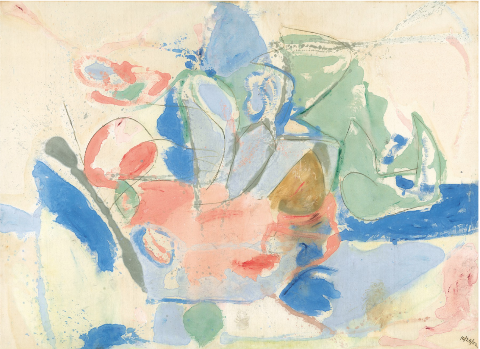 Mountains and Sea, 1952, Oil and charcoal on unsized, unprimed canvas, 86 3/8 x 117 1/4 inches (219.4 x 297.8 cm)