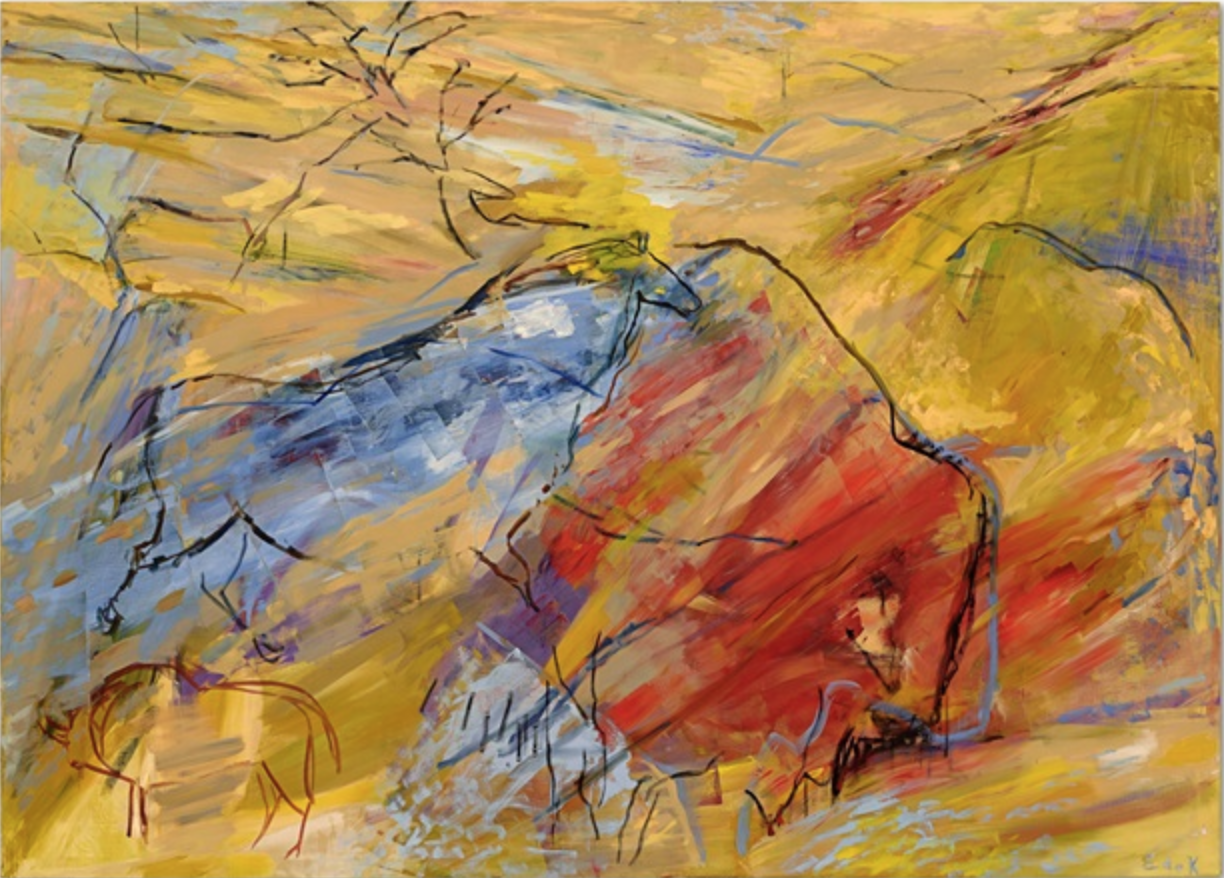 Elaine de Kooning, Red Bison/Blue Horse, 1985–1986, oil and charcoal on canvas, (77.8 x 108.3 in.)