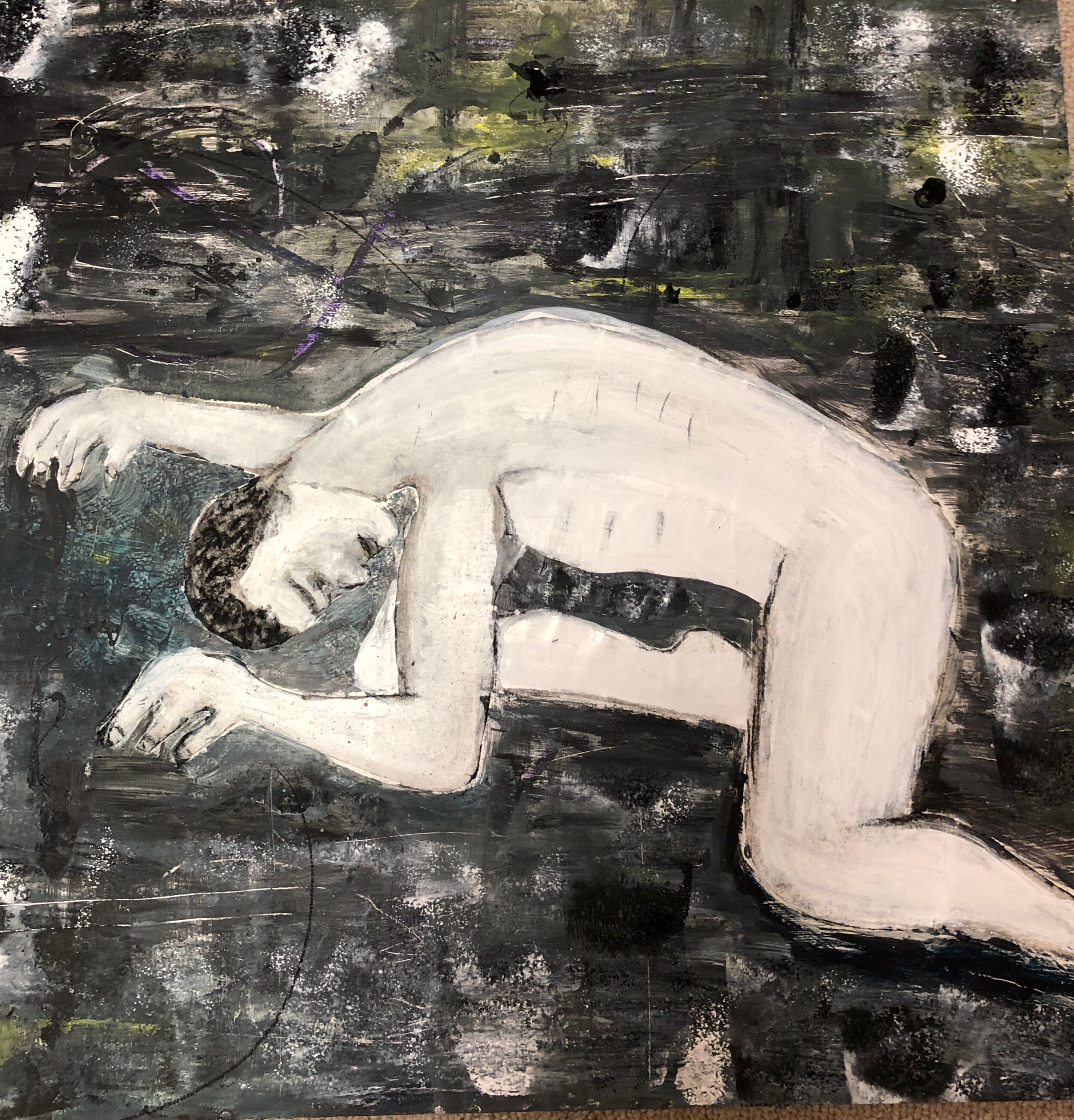 Karma Kitaj, Suffering, collage, acrylic, acrylic pen and charcoal on plywood, 24x18 

