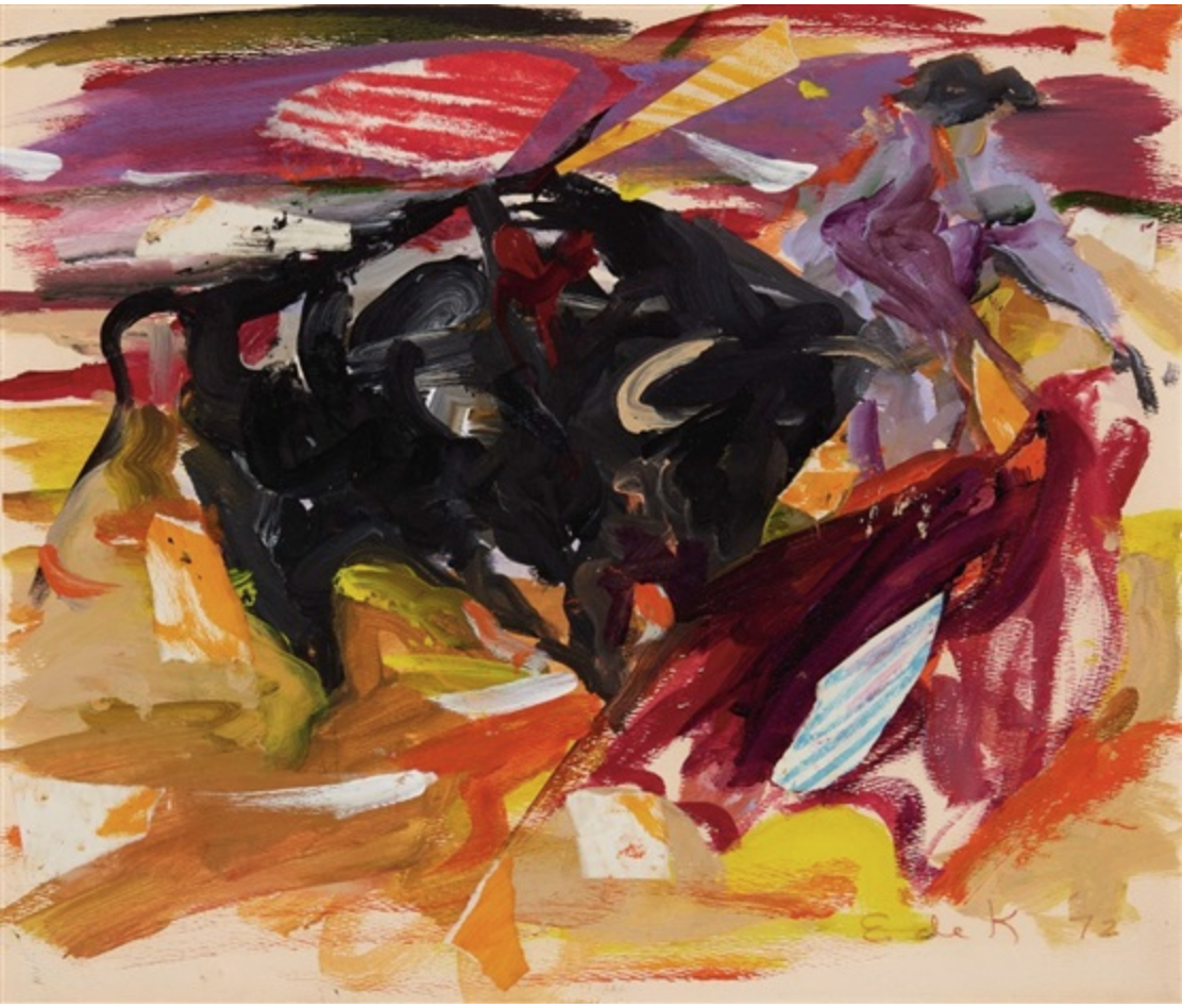 Elaine de Kooning, Matador and Bull, 1972,
oil, crayon and paper collage on paper, (14 x 16.5 in.)