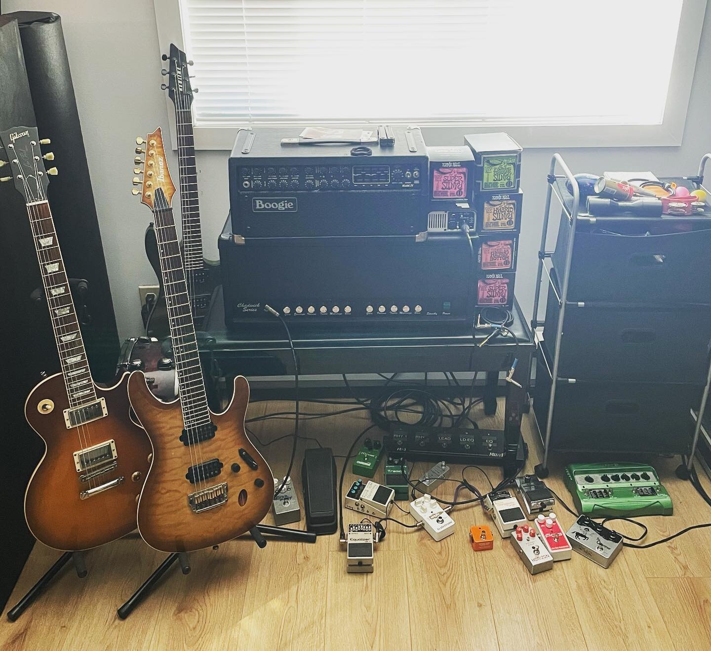My rig for the new @tenfootpoleband record! I&rsquo;m leaning on an Ibanez, Gibson a Godin for all the main tracks, recorded through a Mesa Boogie Mark IV and a Krank Chadwick series 1. I&rsquo;ve used every stomp box pictured so far. Pretty stoked o