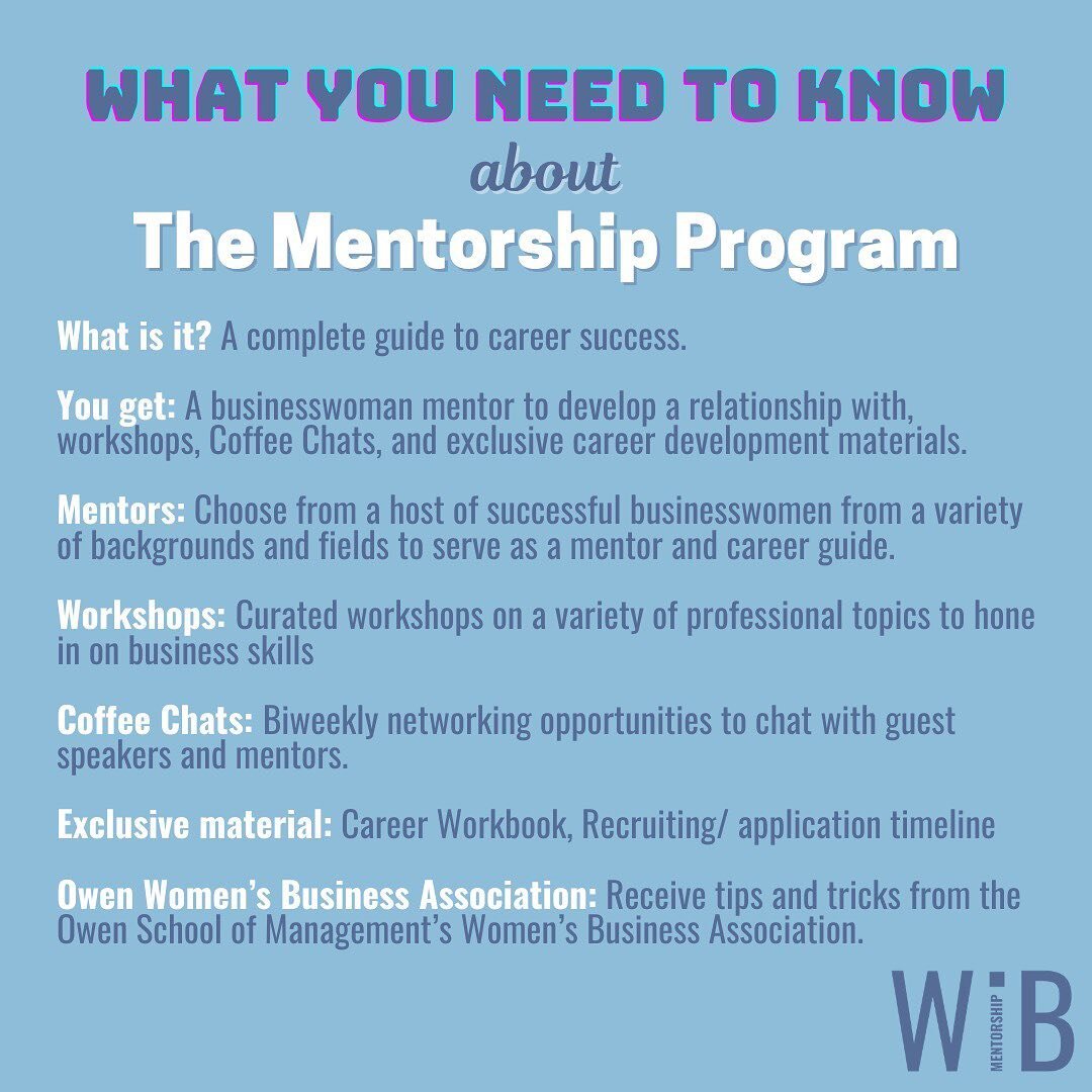 WiB is SO excited to start another semester with y&rsquo;all and continue to support you with unique opportunities! Our very own Mentorship Program provides the opportunity to form a personal connection with a successful Nashville businesswoman, gain