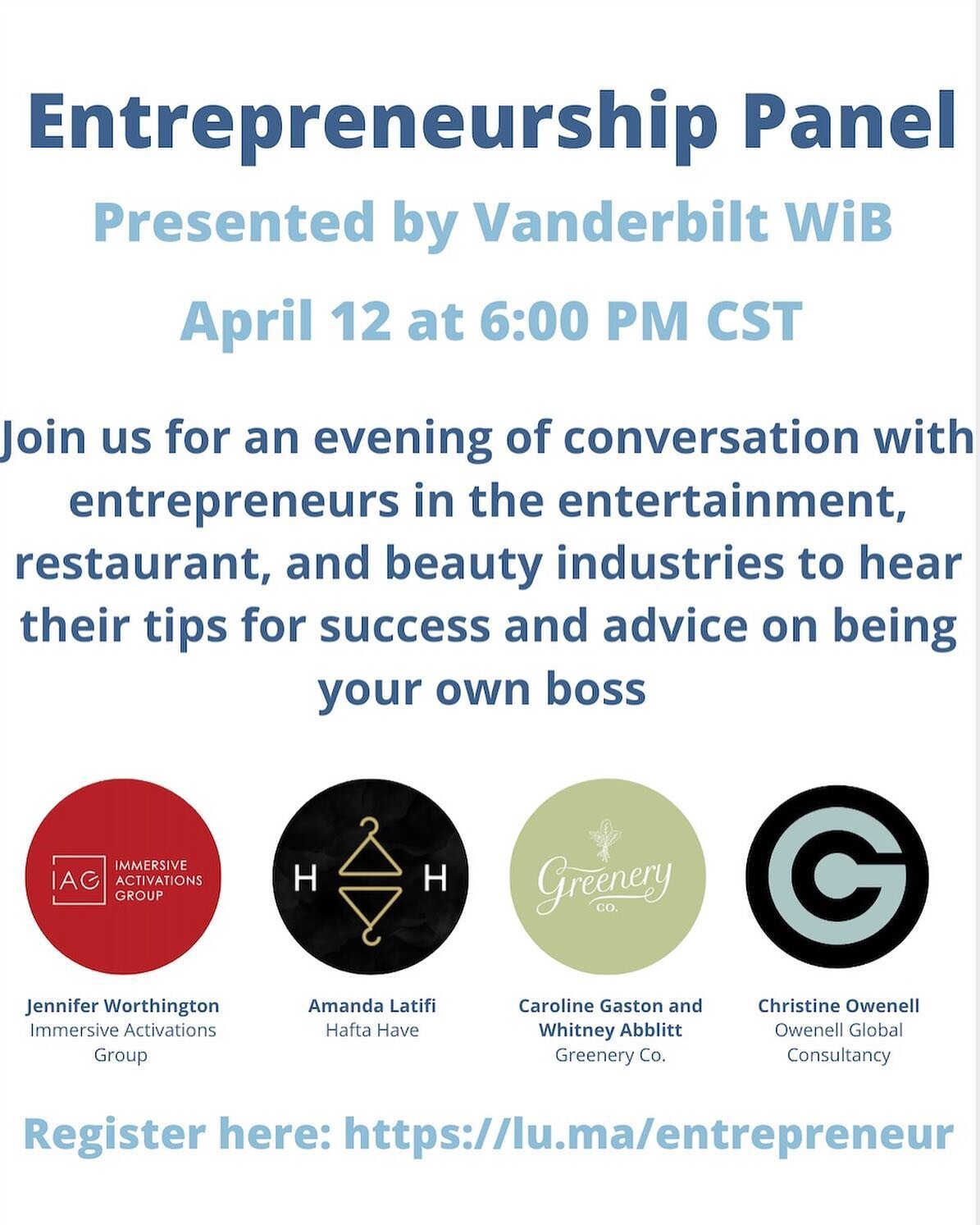 Join us Monday, April 12th to hear from 4 impressive panelists who have made their career in Entrepreneurship across various industries (fashion/marketing, restaurant, entertainment, and consulting)! This will be a great opportunity to hear more abou