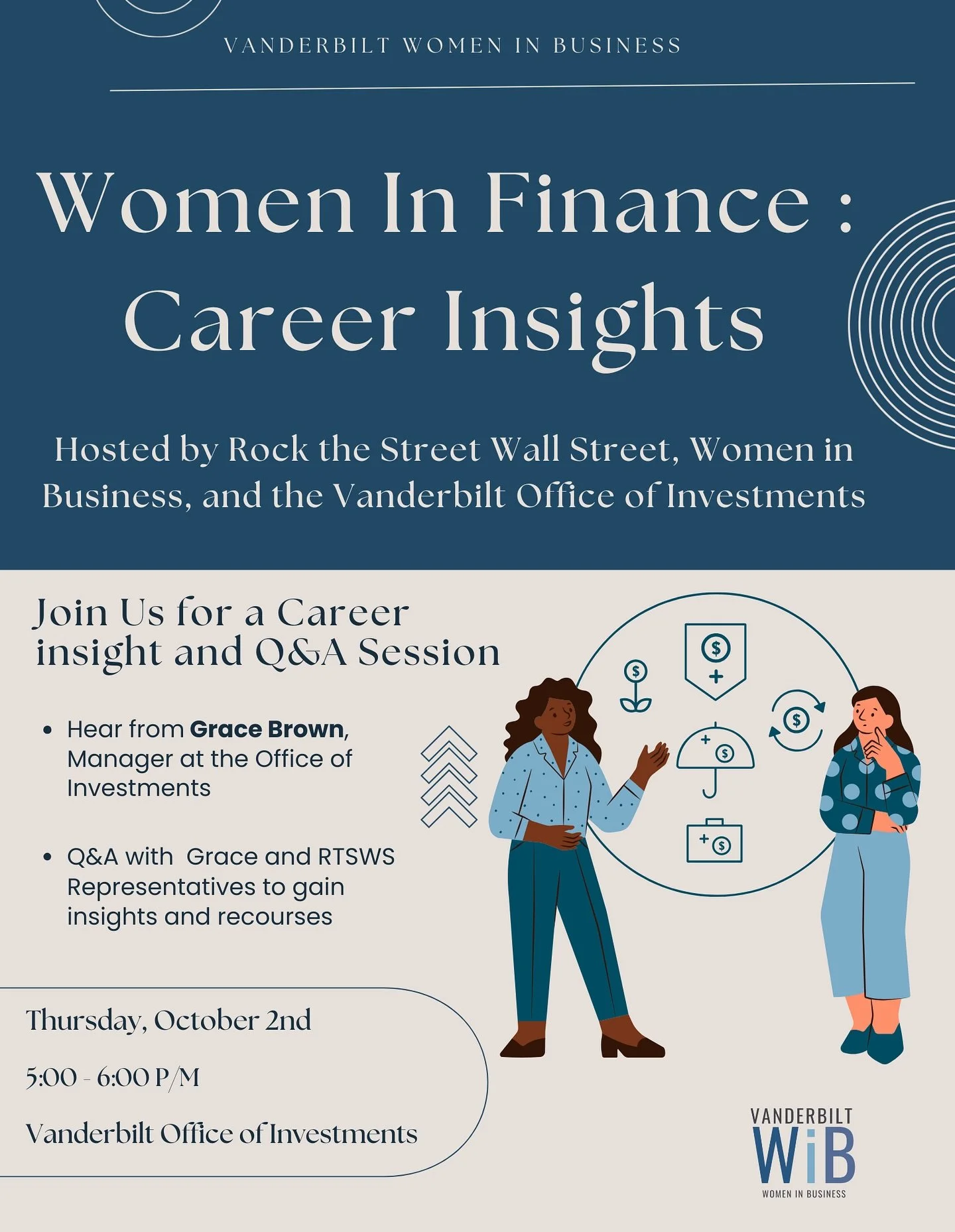 💼✨ Curious about a career in finance? Join us for Women in Finance: Career Insights hosted by Rock the Street Wall Street, Women in Business, and the Vanderbilt Office of Investments!

📅 Thursday, October 2
🕔 5:00 &ndash; 6:00 PM
📍 Vanderbilt Off