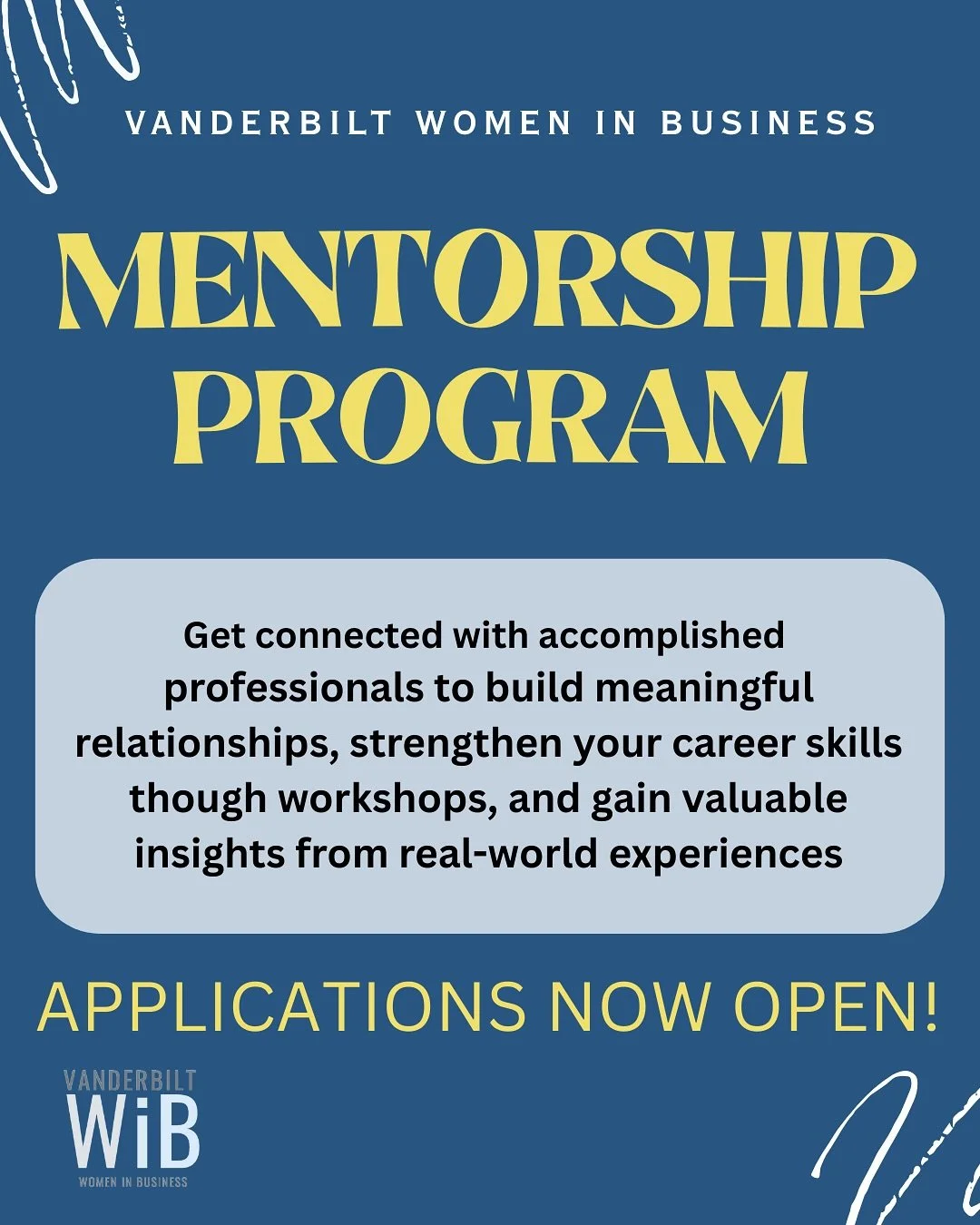 ✨ Get connected, grow your skills, and gain real-world insights! ✨

Applications for the Vanderbilt WiB Mentorship Program are now open&mdash;don&rsquo;t miss the chance to build meaningful connections and level up your professional journey. 🚀

LINK