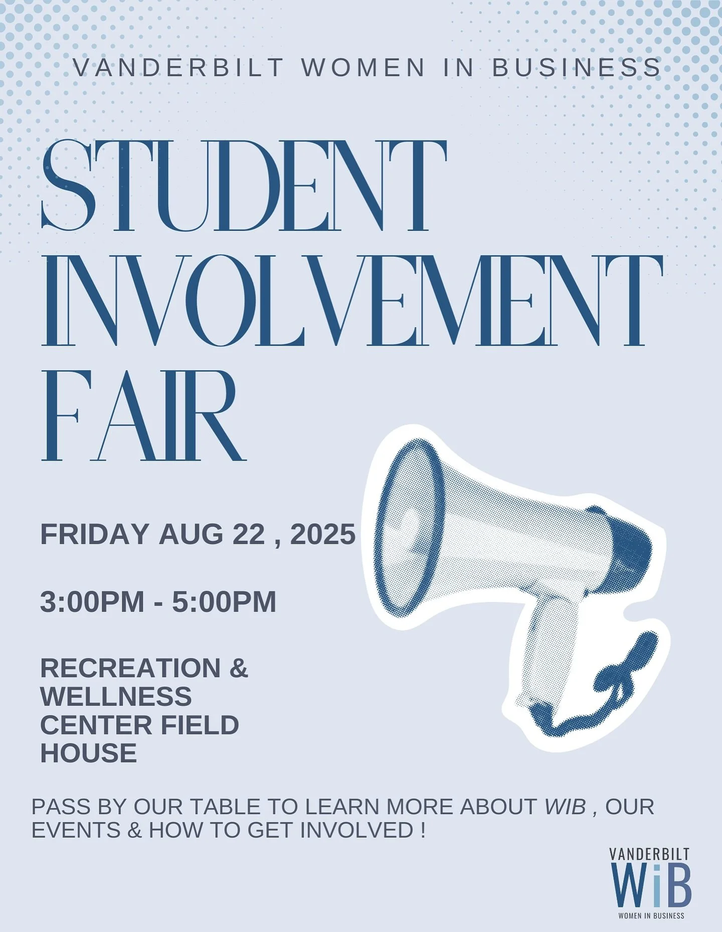 📣 Come meet us at the Student Involvement Fair!

Friday, Aug 22, 2025 | 3&ndash;5 PM | Rec &amp; Wellness Center Field House

Stop by the Women in Business table to learn more about who we are, our events, and how YOU can get involved this year! 💼?