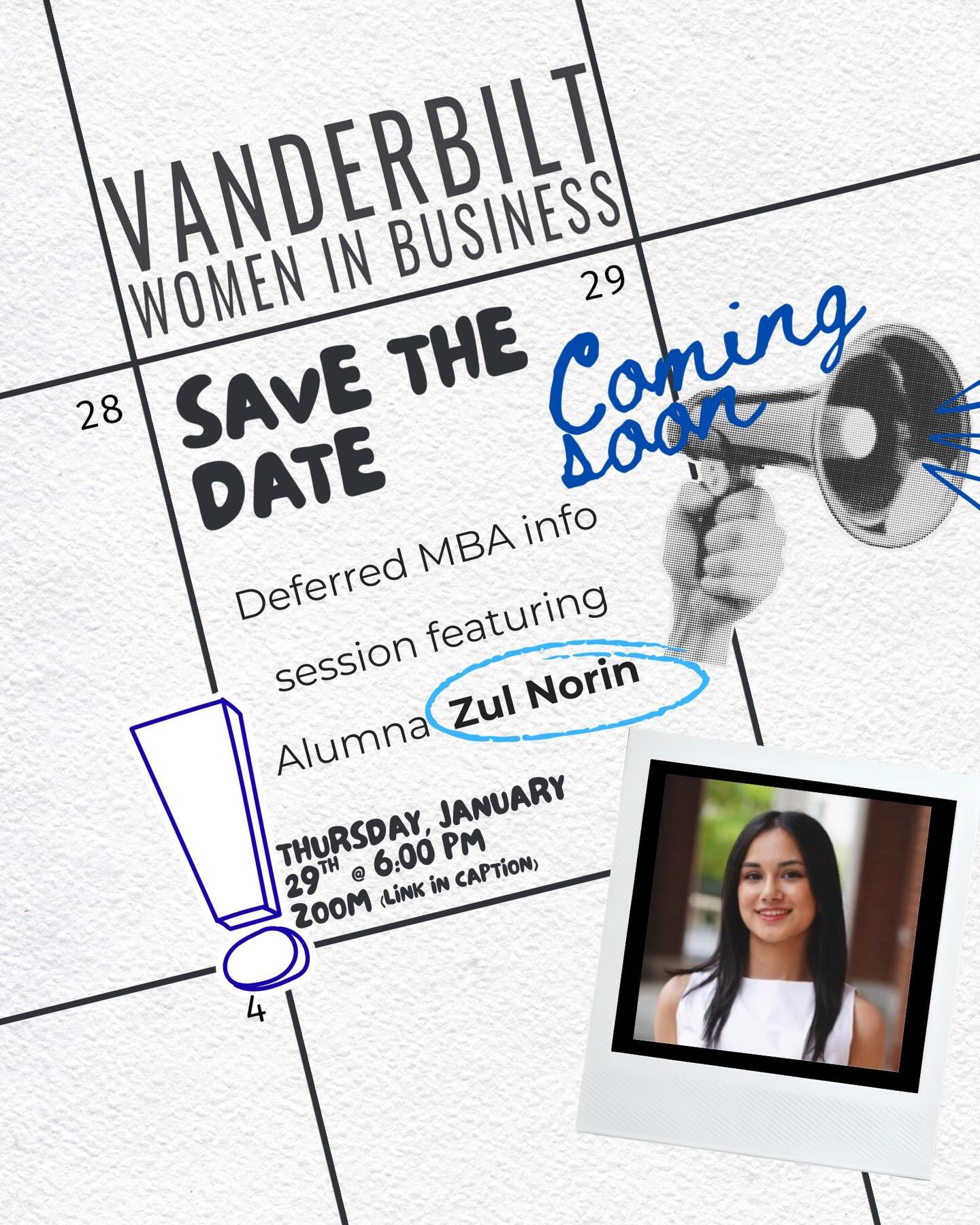 Save the date!
Deferred MBA info session with Alumna Zul Norin
Time: 6:00 - 6:45pm
Date: Jan 29th 
Link: https://teams.microsoft.com/meet/25378689904396?p=ZhwoOLDKtGHTUX94BQ