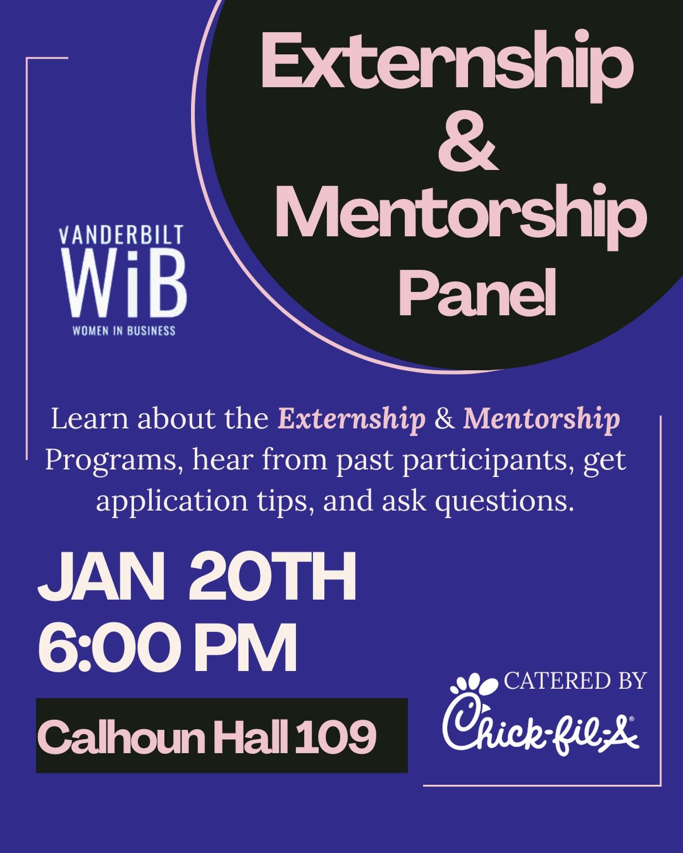 Thinking about applying to the WiB Externship or Mentorship? 

Come hear from students who&rsquo;ve done it, learn what the programs are really like, get application tips, and ask all your questions&mdash;plus free Chick-fil-A! 🐔

📍 Calhoun Hall 10