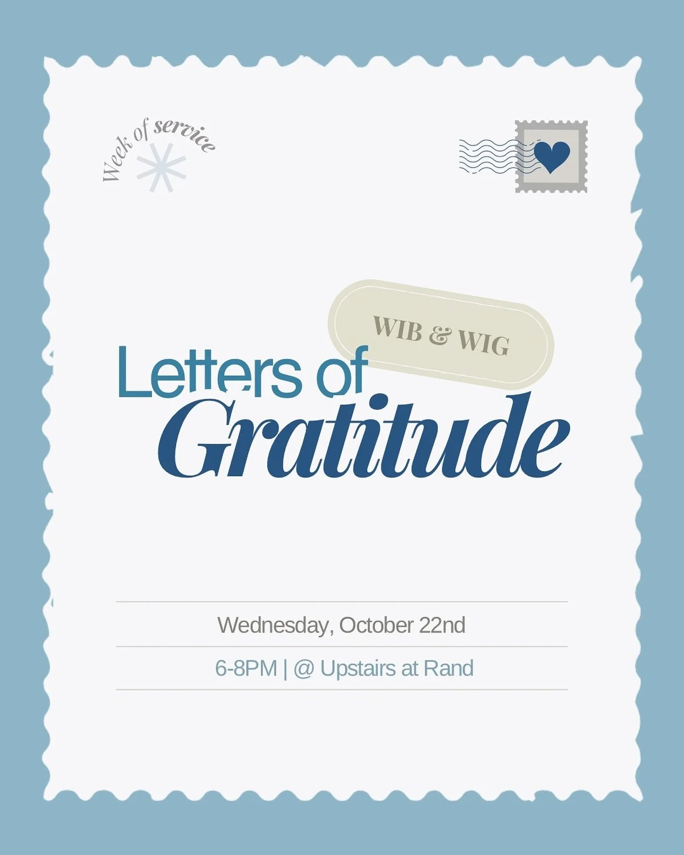 ✨ Letters of Gratitude ✨
Join WIB &amp; WIG this Wednesday, October 22nd for an evening of reflection and appreciation.
📍 Upstairs at Rand | ⏰ 6&ndash;8 PM
Let&rsquo;s come together during the Week of Service to share kindness, connection, and grati