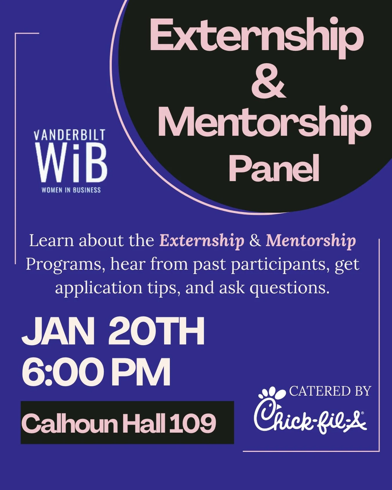Thinking about applying to the WiB Externship or Mentorship? 

Come hear from students who&rsquo;ve done it, learn what the programs are really like, get application tips, and ask all your questions&mdash;plus free Chick-fil-A! 🐔

📍 Calhoun Hall 10