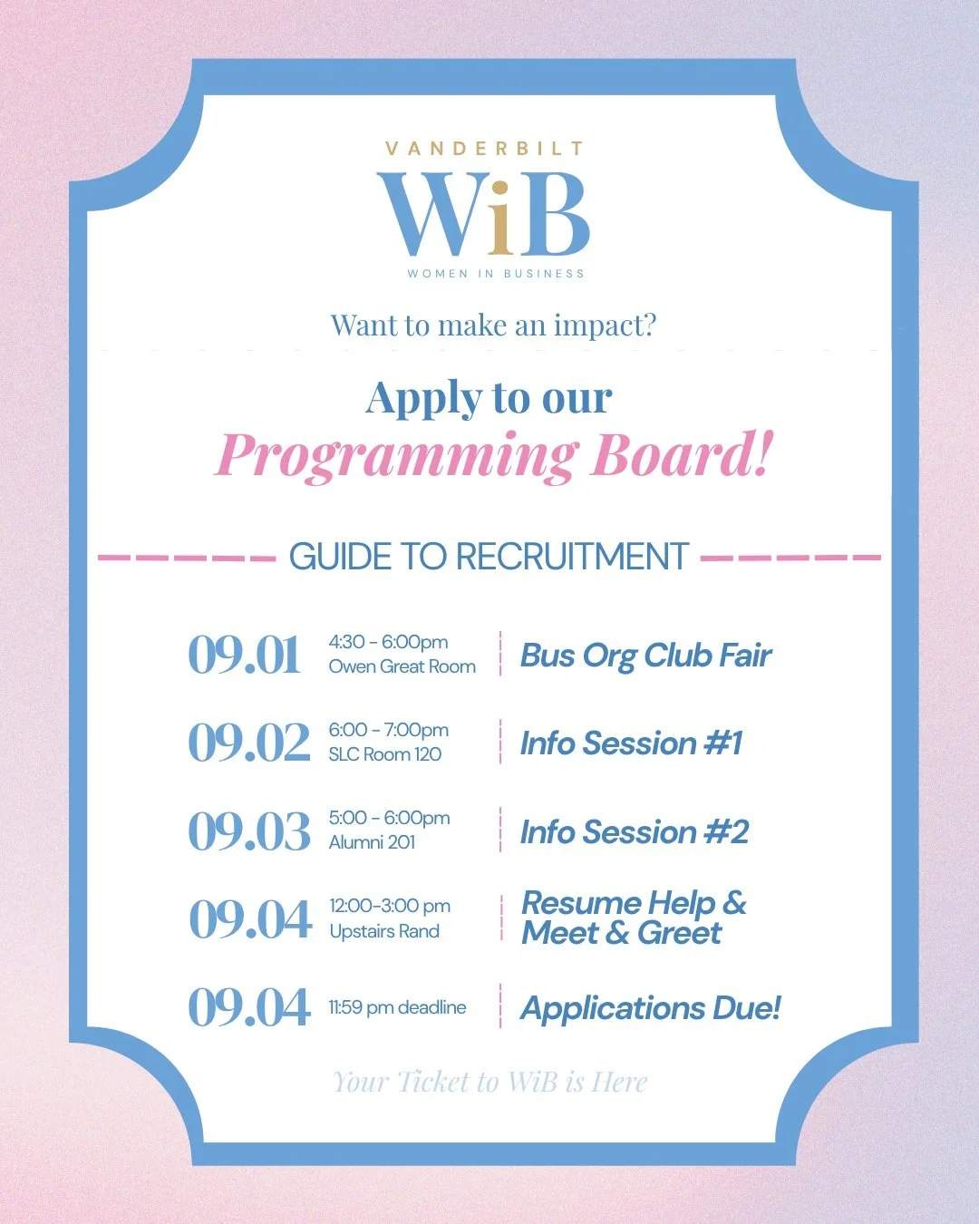 WiB Recruitment for our Programming Board has officially begun!

💙💛🎟️

Join us tonight for an information session on what PB is in the Student Life Center (the first room to the right when you enter).

We can't wait to see you there :)